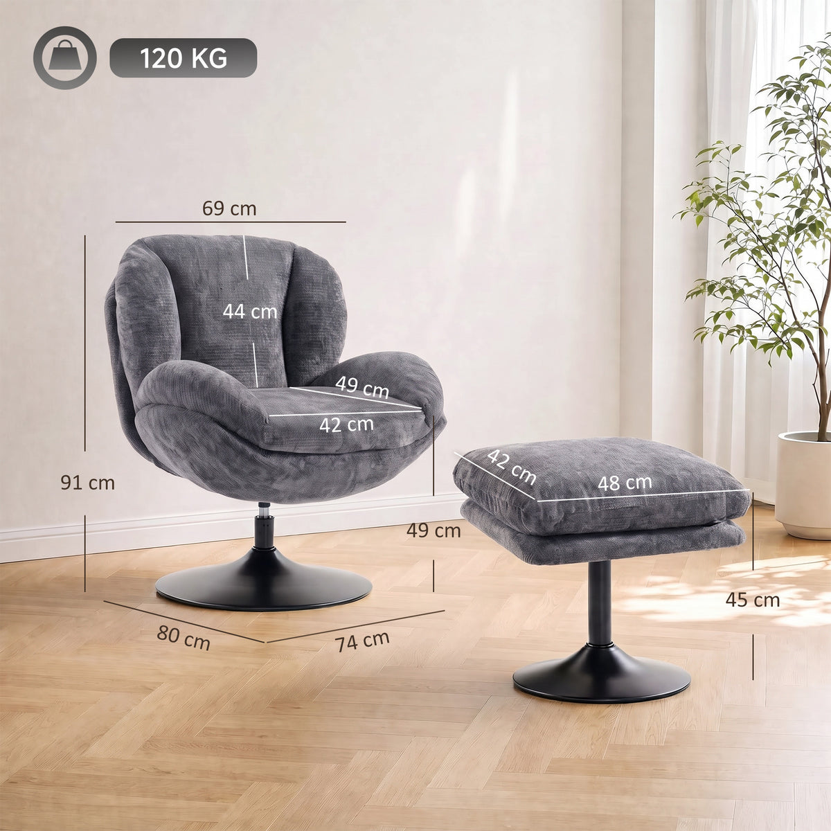 HOMCOM 360 Degree Chenille Swivel Accent Chair With Ottoman for Living Room Dark Grey