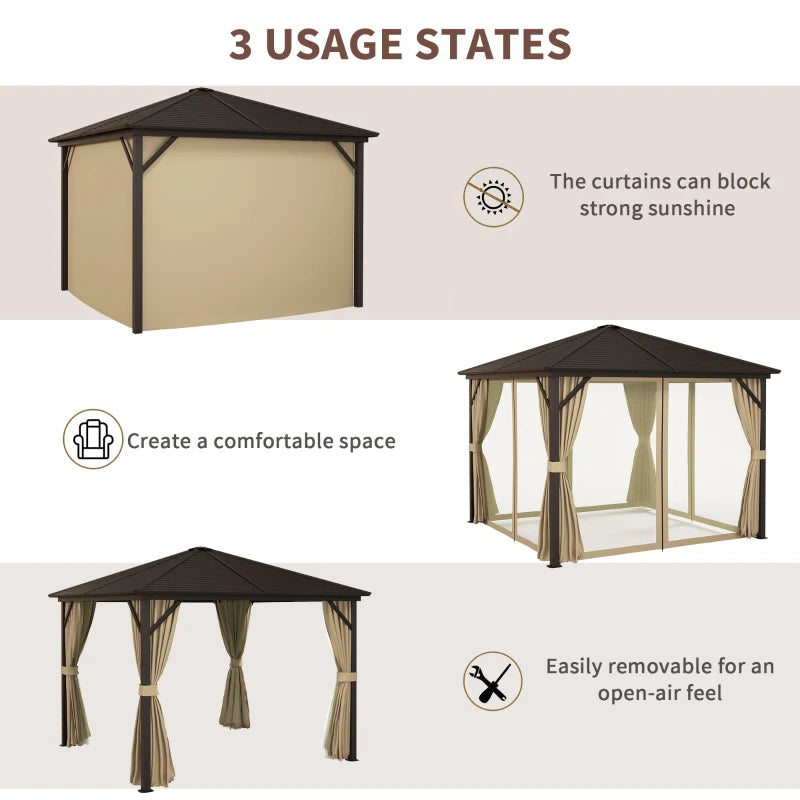 Outsunny 3x3m Metal Hardtop Gazebo with Curtains and Accessories - Brown: Stylish Outdoor Shelter Solution - ALL4U RETAILER LTD