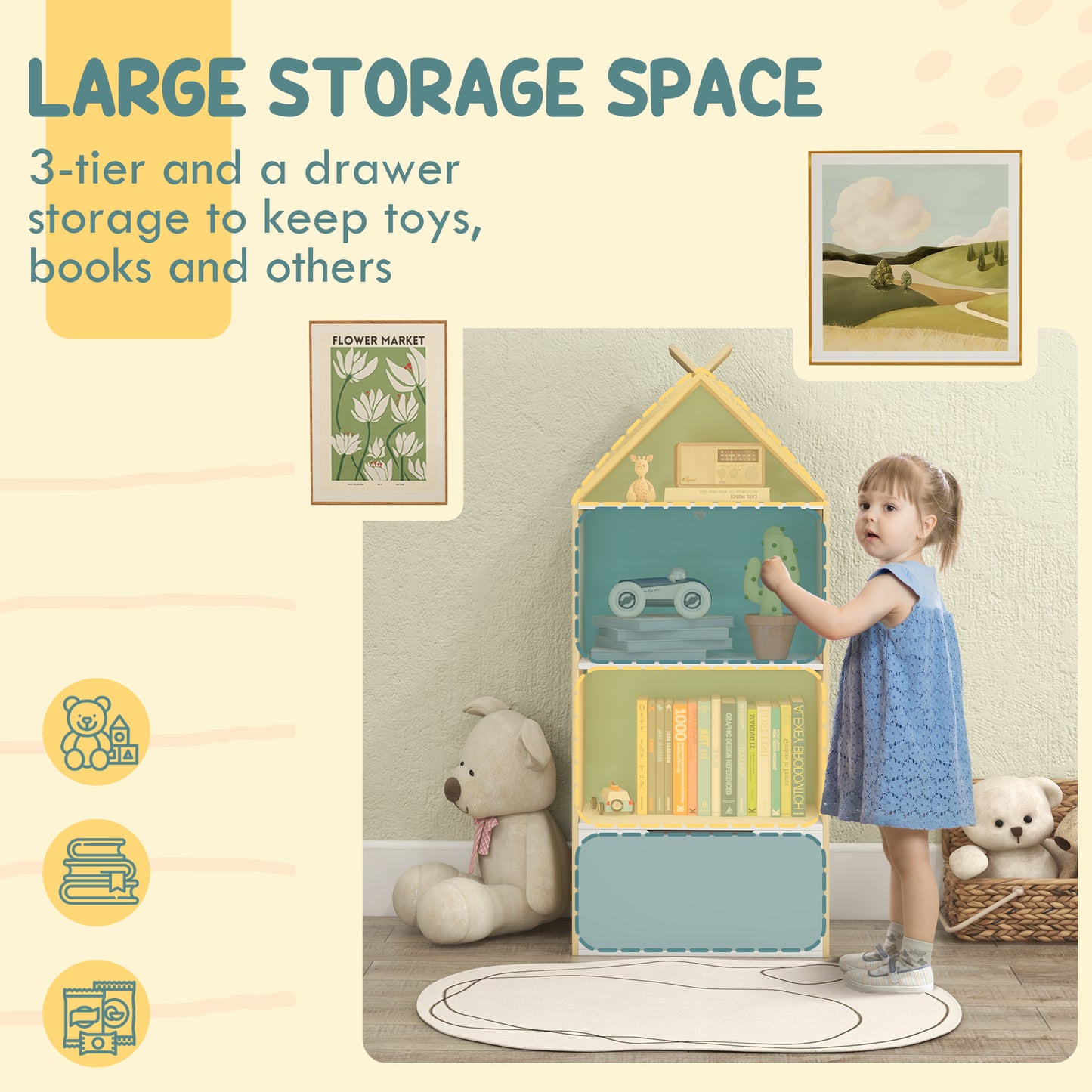 AIYAPLAY Green Kids Bookshelf with 3 Shelves and Drawer for Safe Book Storage - ALL4U RETAILER LTD