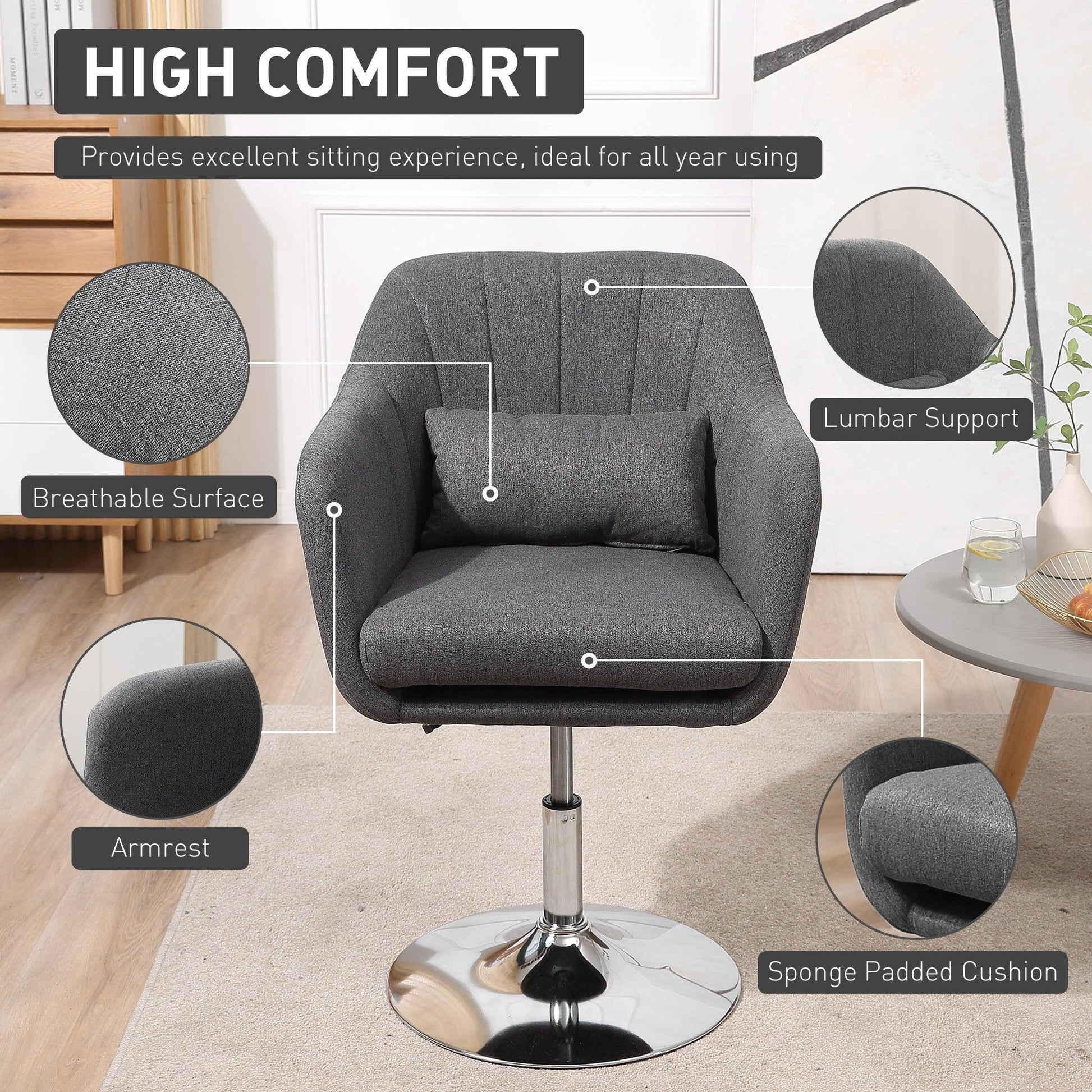 HOMCOM Stylish Retro Linen Swivel Tub Chair Steel Frame Cushion Seat Dark Grey - ALL4U RETAILER LTD