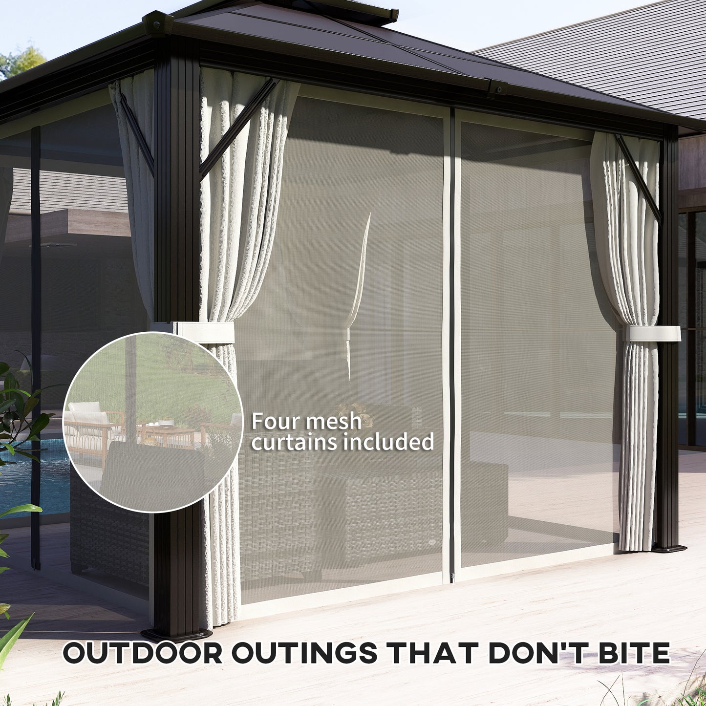 Outsunny 3x3m Hardtop Gazebo With UPF30 Polycarbonate Roof Aluminum Frame Pavilion Mosquito Netting Curtains Beige