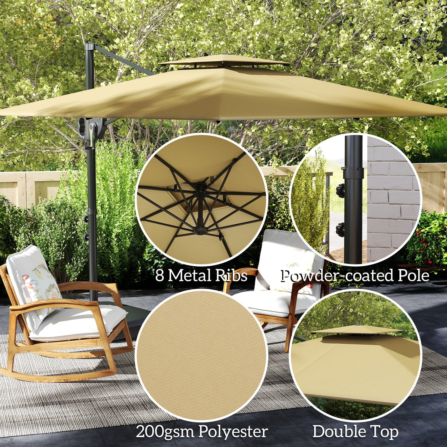 Outsunny Cantilever Parasol With Weighted Base And Crank Tilt For Garden Patio UV Protection Khaki