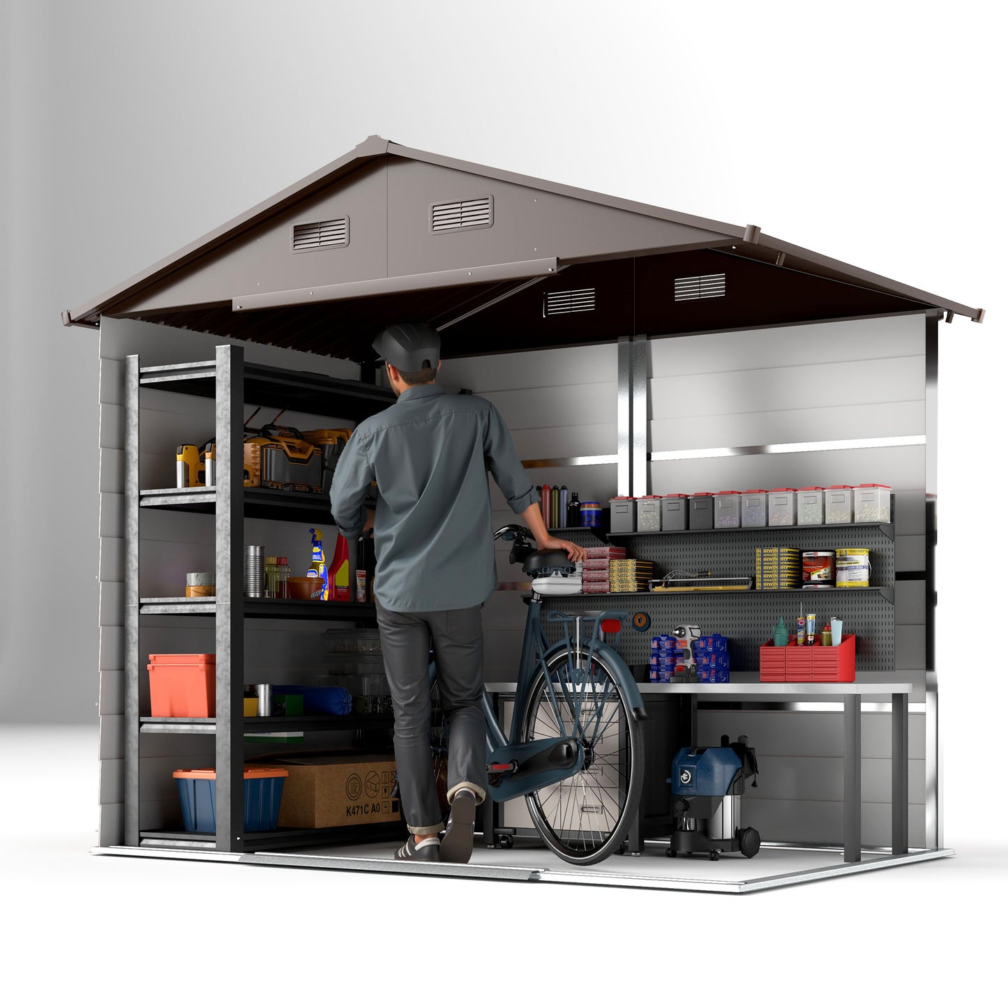 Outsunny 6x8 Ft Galvanised Steel Shed With Brown Wood Effect And Sliding Doors For Outdoor Garden Storage