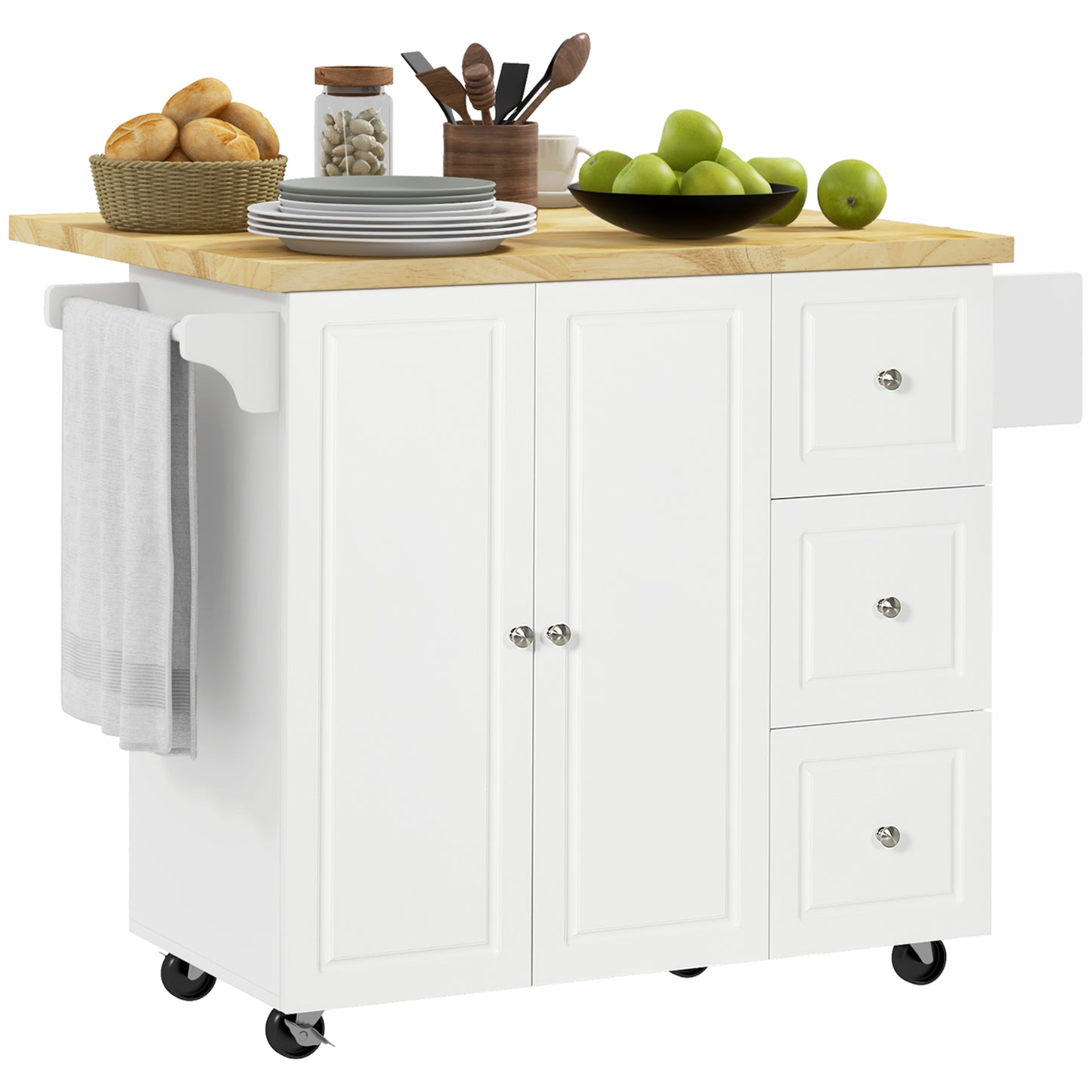 HOMCOM Rolling Drop-Leaf Kitchen Island Cart with Storage Drawers & Cabinet for Home Use - ALL4U RETAILER LTD