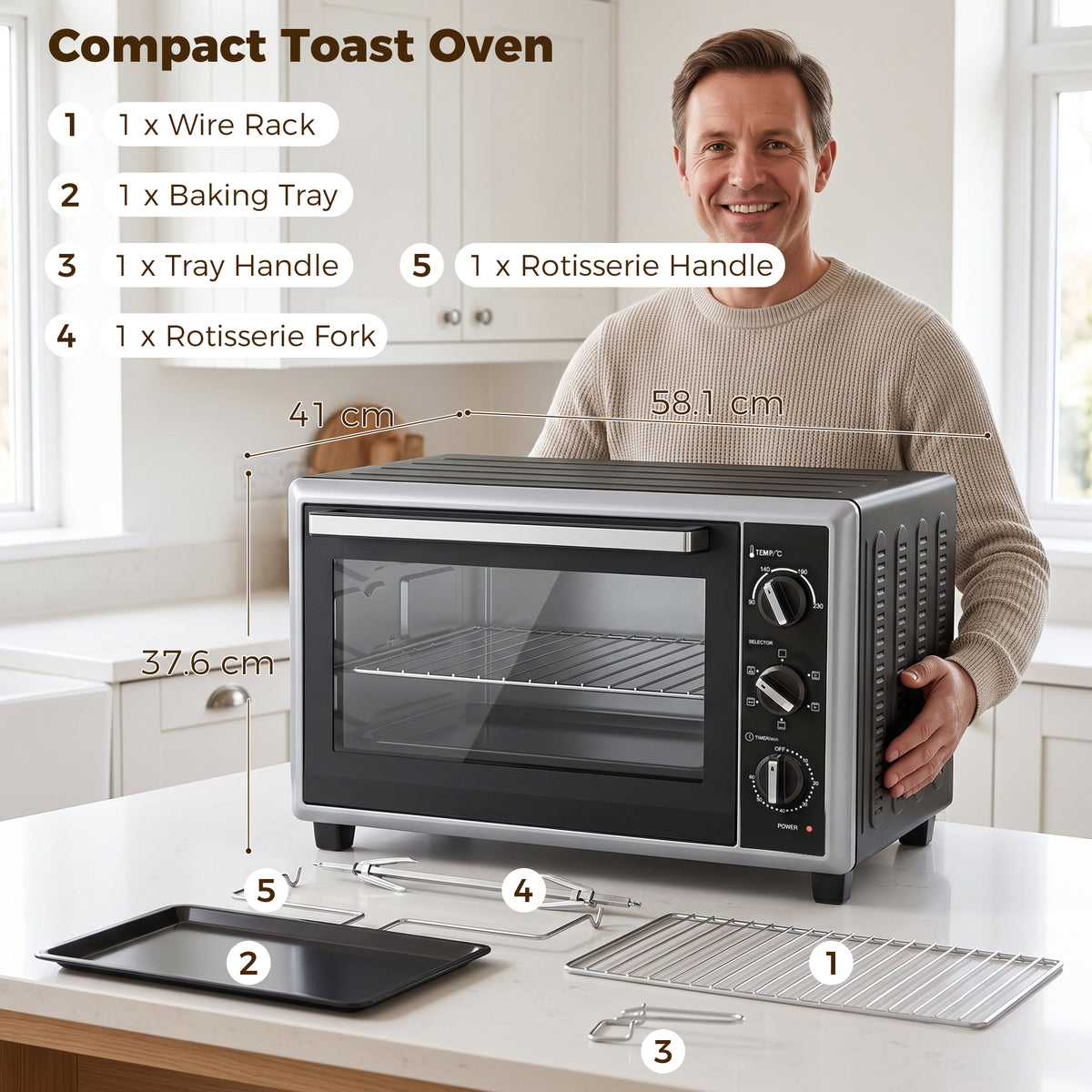 46L mini convection oven with included accessories: wire rack, baking tray, rotisserie fork
