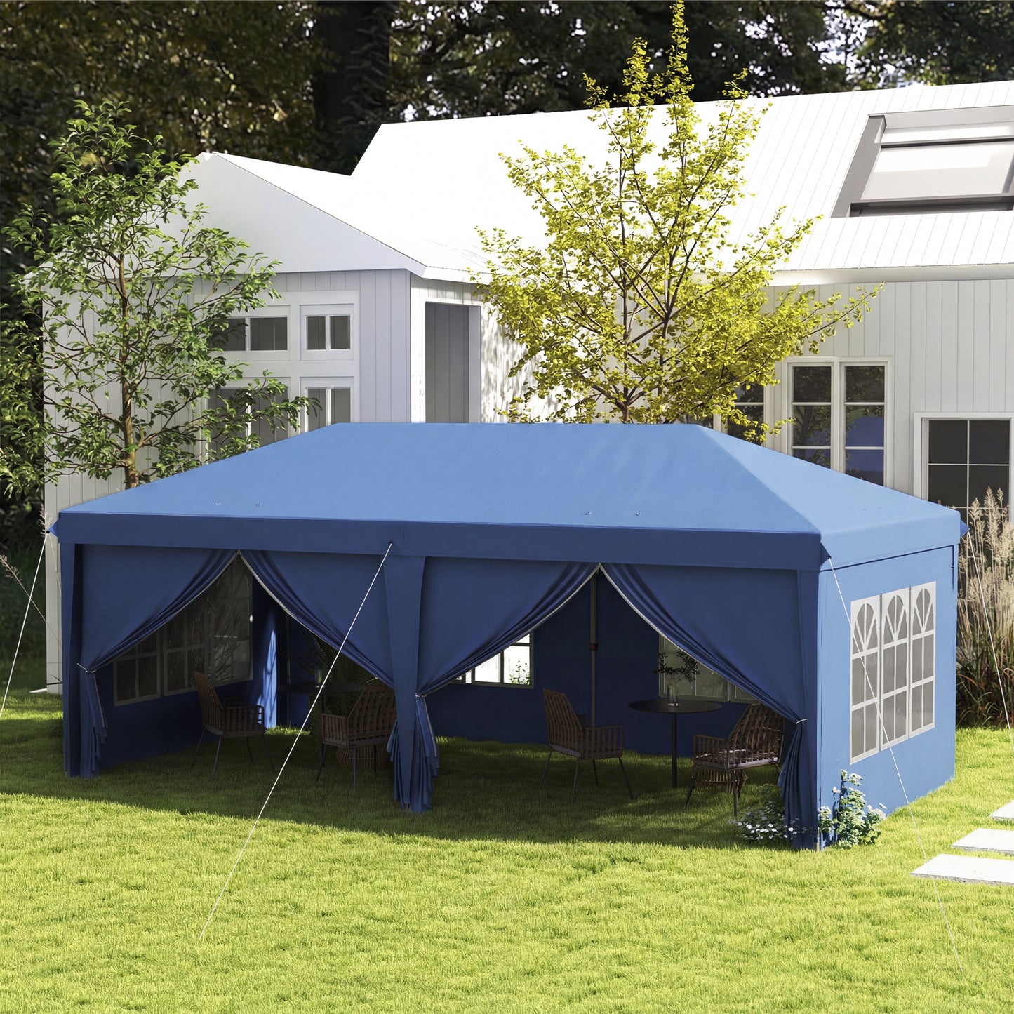 Outsunny 3 X 6m Pop Up Gazebo With Curtain Walls And Windows In Blue For Outdoor Parties And Events