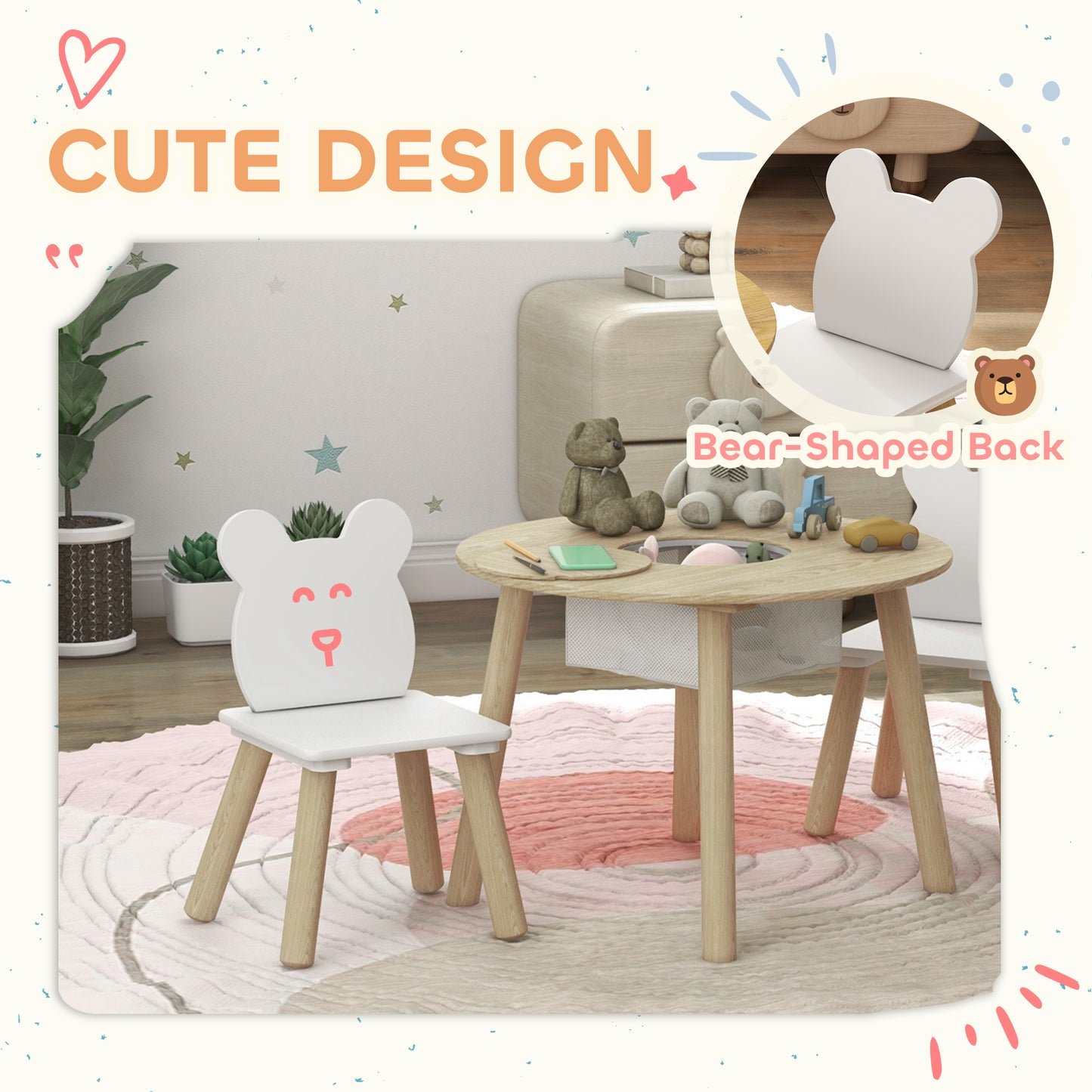 AIYAPLAY 3 Piece Kids Activity Table Set With Mesh Bag Bear Shaped Backrest For Arts And Crafts Reading And Dining