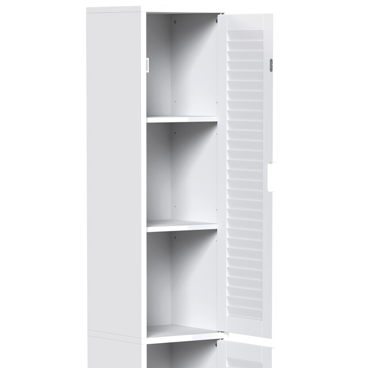 Tall White Bathroom Cabinet With Louvered Doors And Adjustable Shelf Storage