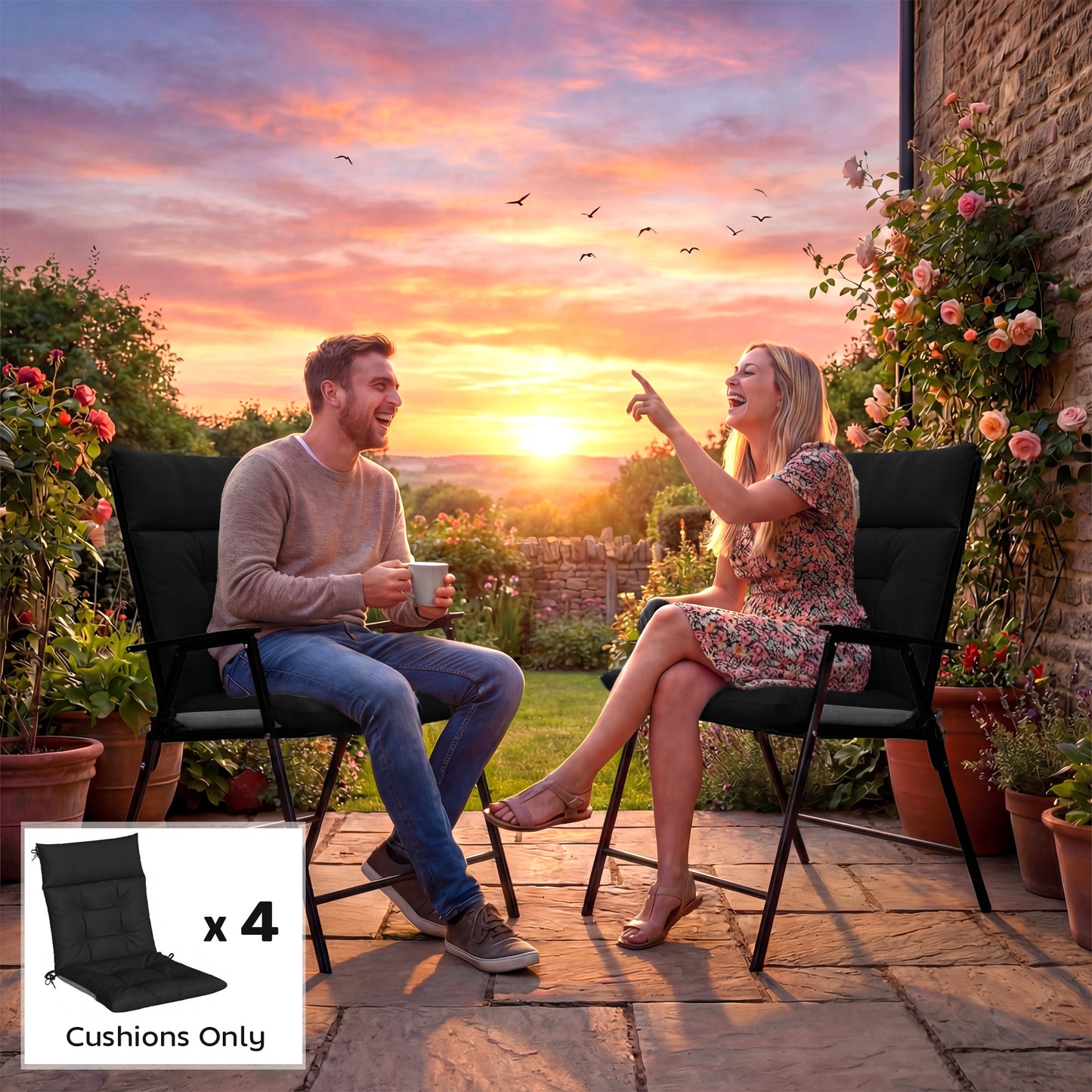 Outsunny Patio Chair Cushions Set of 4 Waterproof Non Slip Lounge Cushions 112x53 cm Black