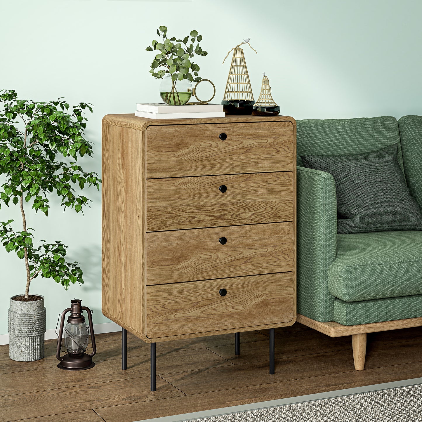 HOMCOM Modern Chest Of Drawers With Four Drawers Oak Finish Rounded Edges And Smooth Handles
