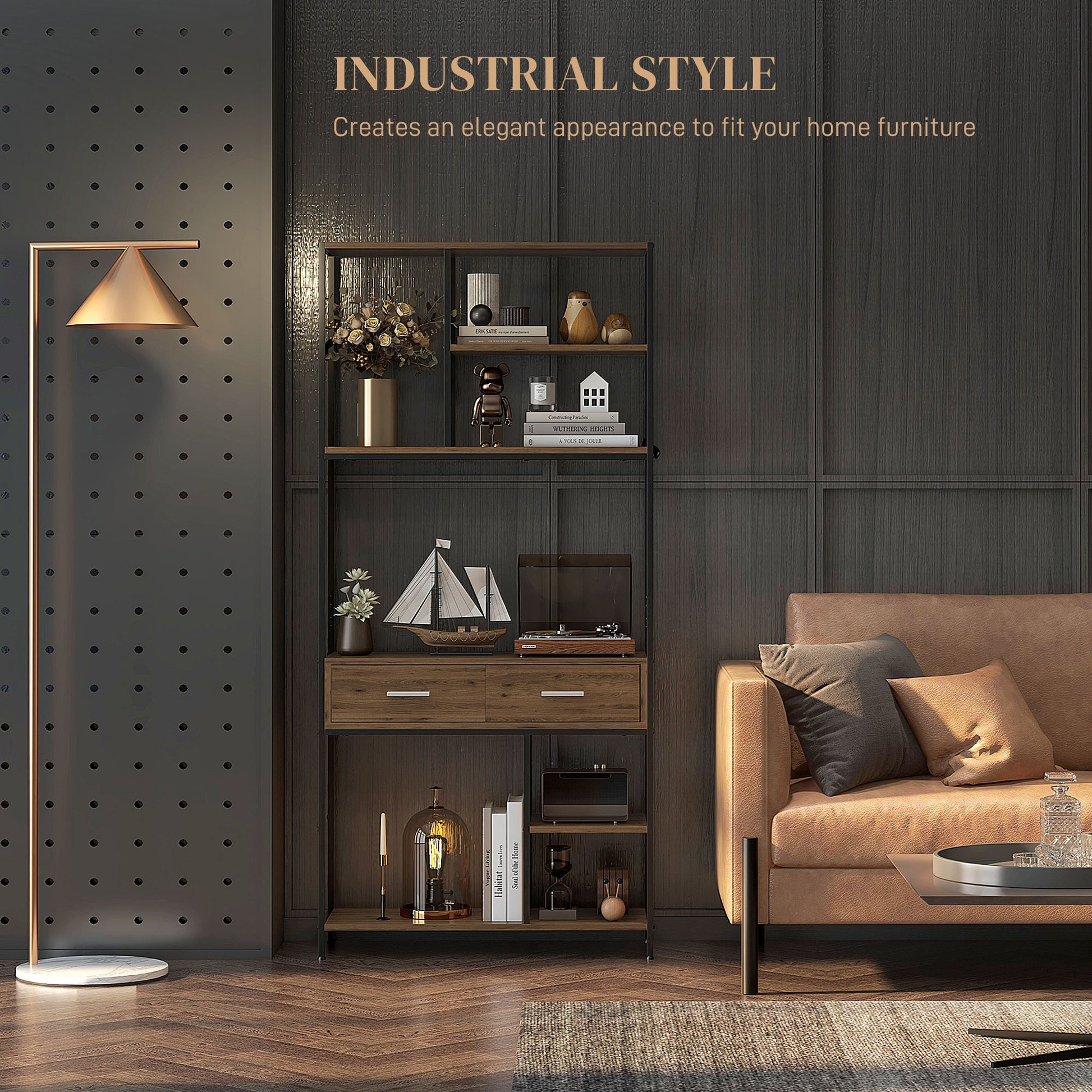 HOMCOM Industrial Chic Seven-Shelf Storage Unit with Drawers - Brown/Black - ALL4U RETAILER LTD