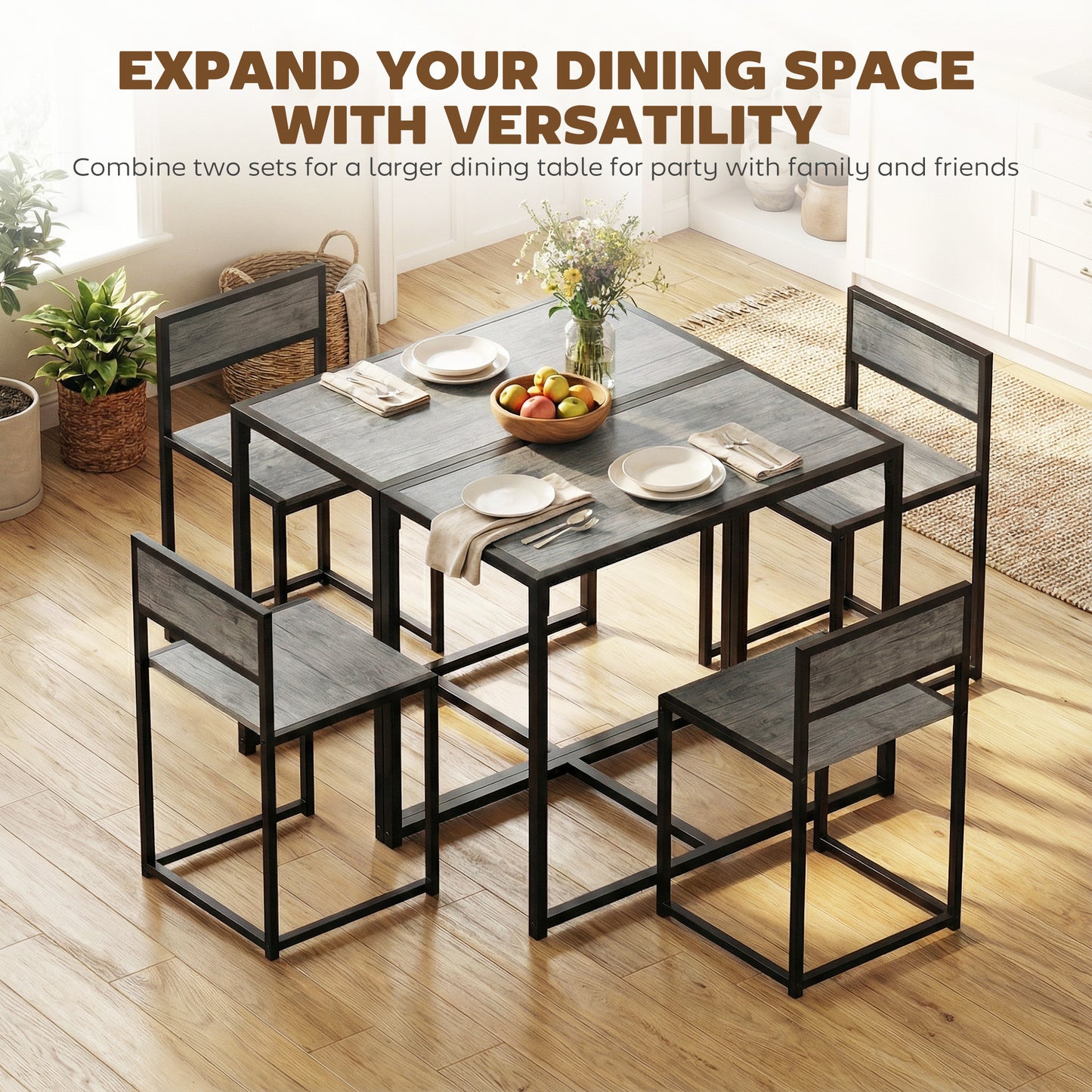 HOMCOM 3 Piece Table and Stool Set Charcoal Grey Wood Effect with Chestnut Brown MDF Panels