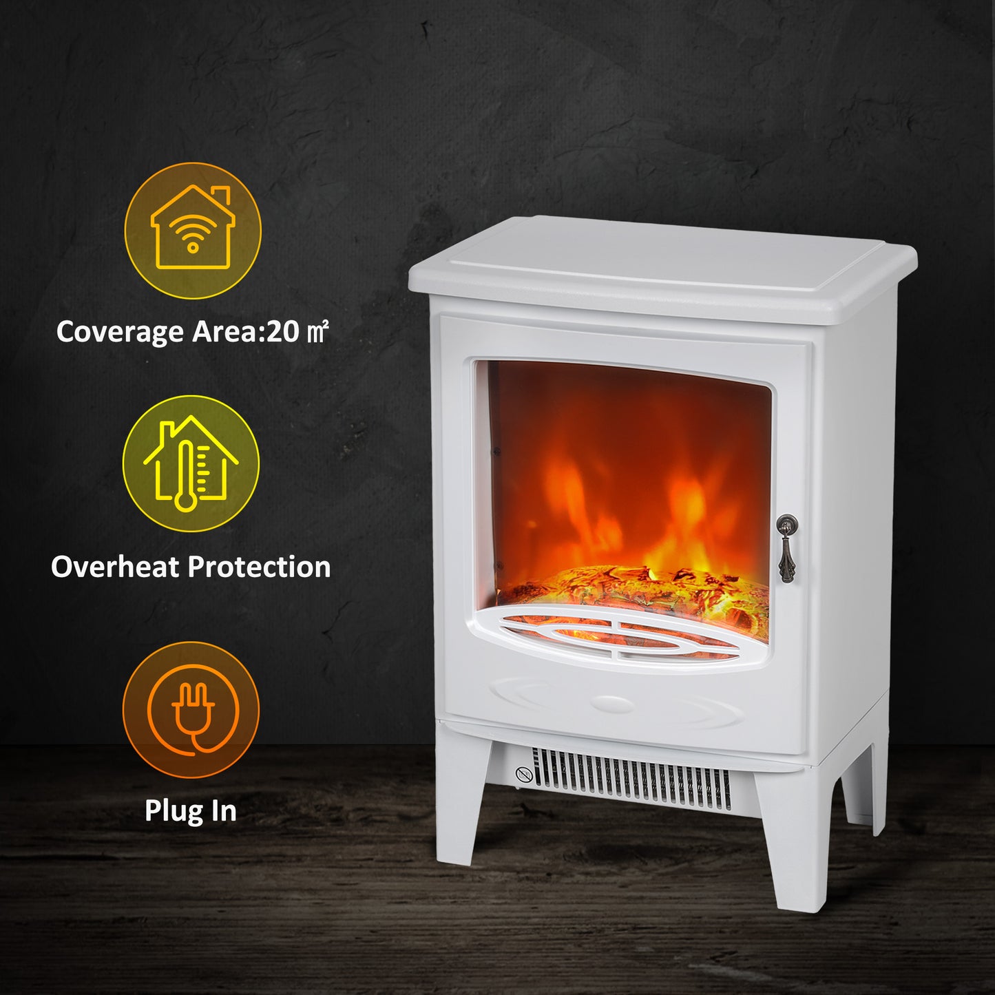 HOMCOM White Freestanding Electric Fireplace with Realistic Flame Effect and Safety Features, 950W/1850W Heating Options