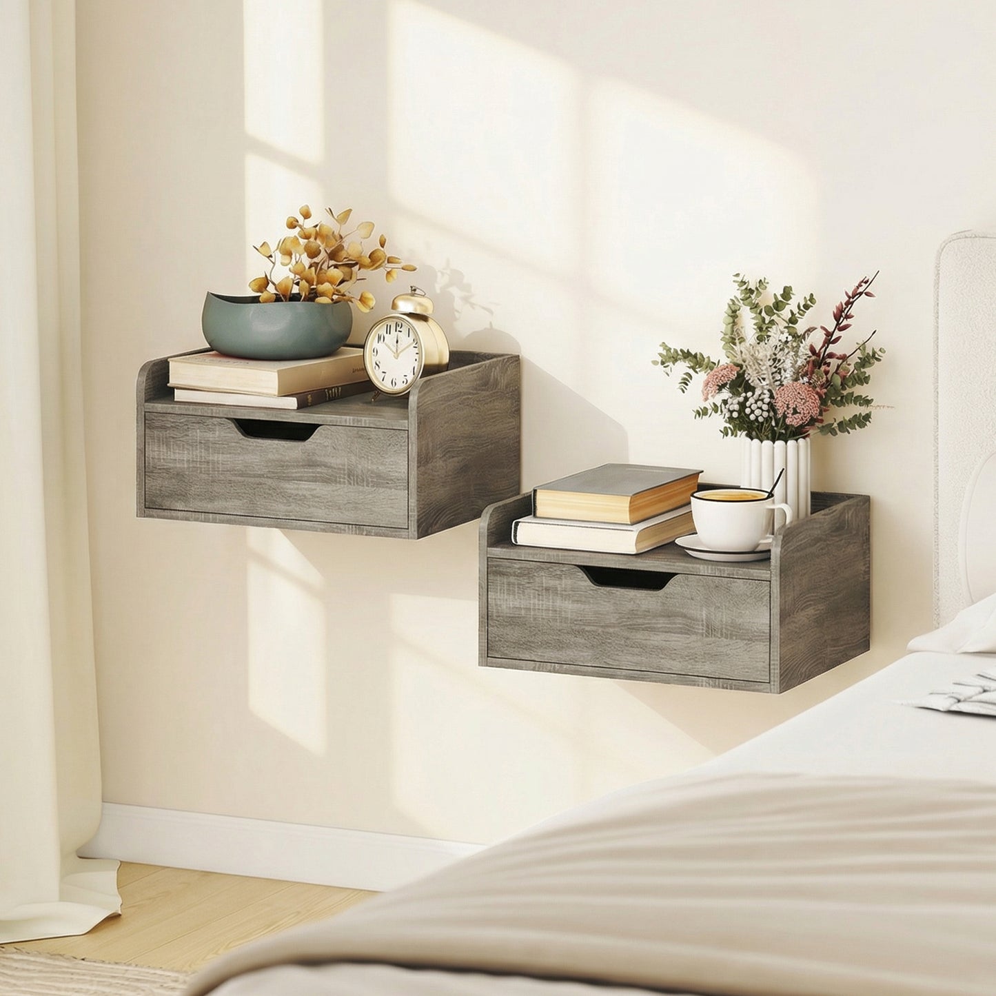 HOMCOM Floating Nightstands Set of 2 Wall Mounted Bedside Tables With Drawer Grey Wood Effect