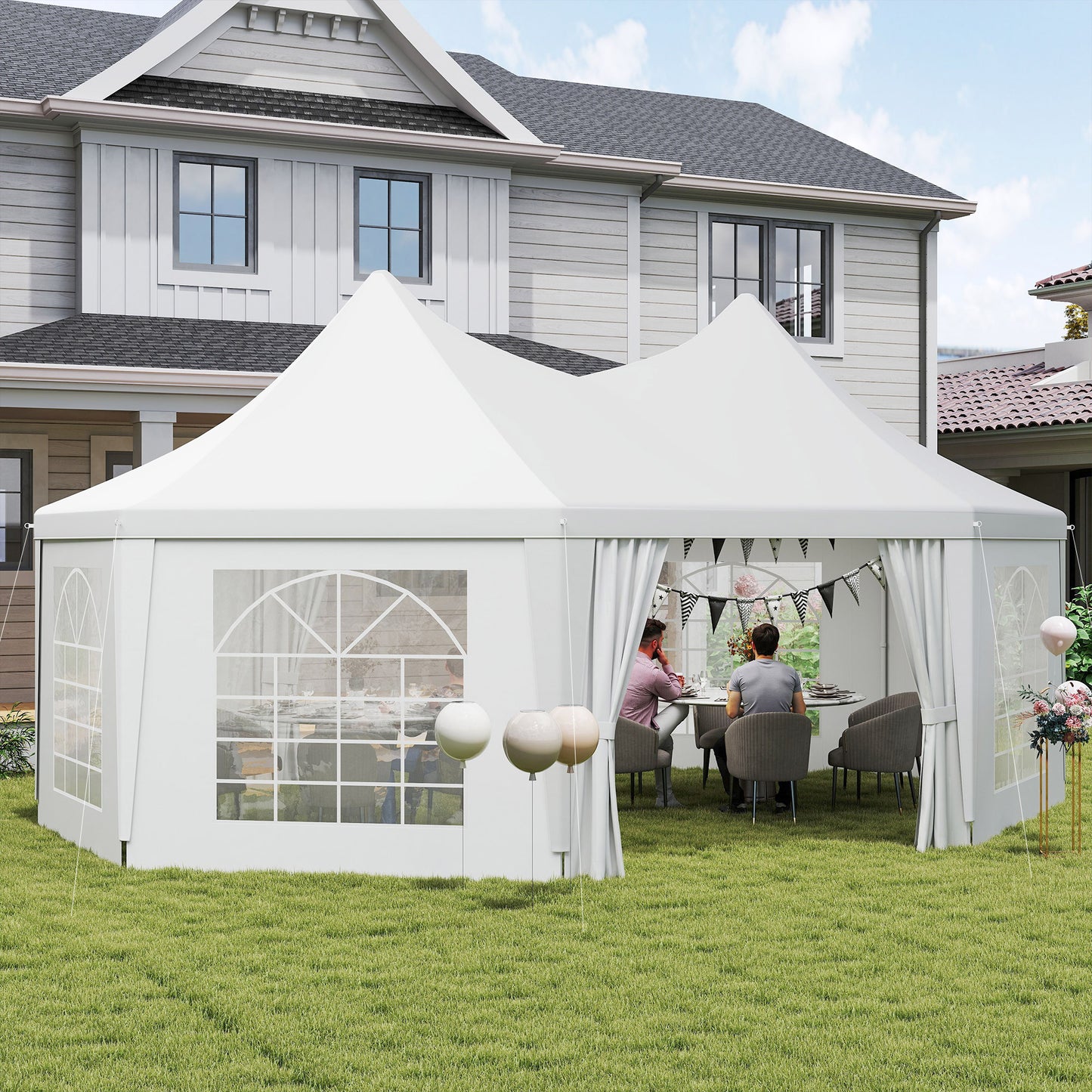 Outsunny 6.8 By 5m Octagonal Marquee Gazebo White High Roof With Galvanised Steel Frame