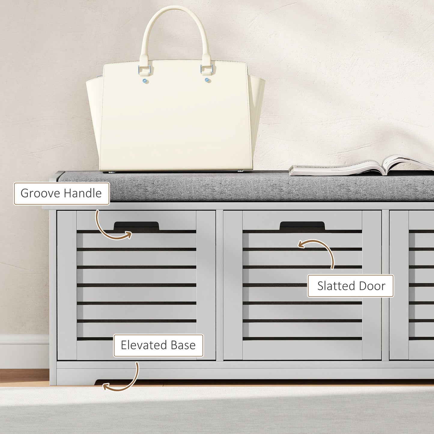 HOMCOM Three Compartment Shoe Storage Bench With Cushioned Top In Grey For Entryway Hallway
