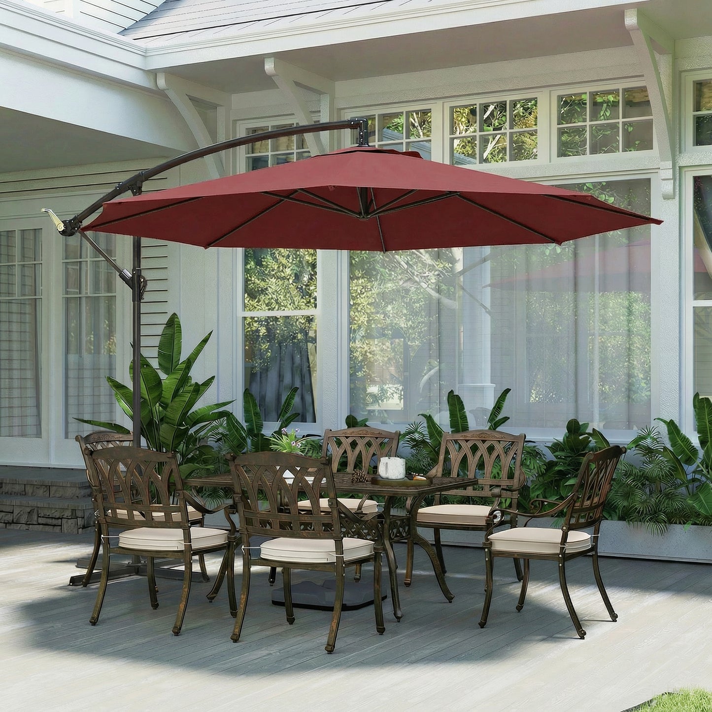 Outsunny 3 M Overhanging Cantilever Parasol With Cross Base In Wine Red UV Resistant