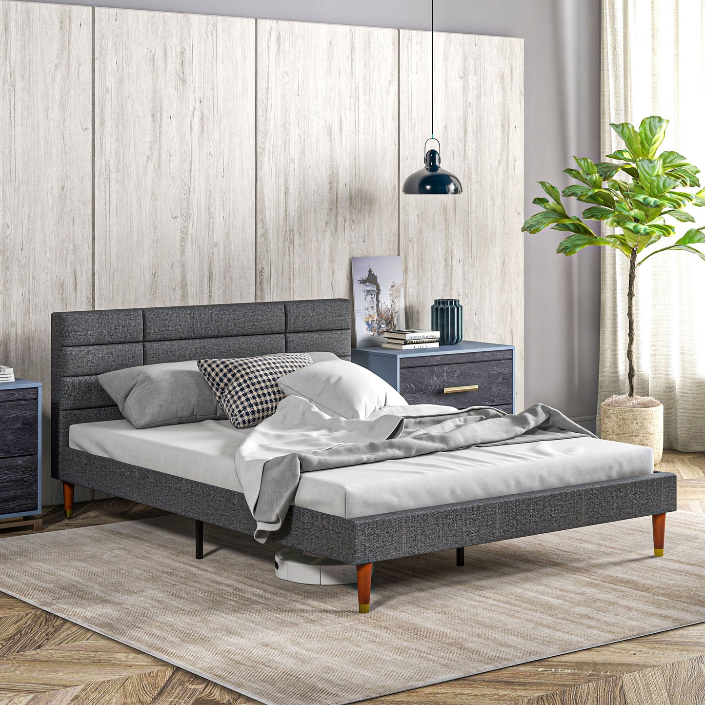 HOMCOM Elegant Grey Upholstered King Size Bed Frame with Wooden Slats - ALL4U RETAILER LTD