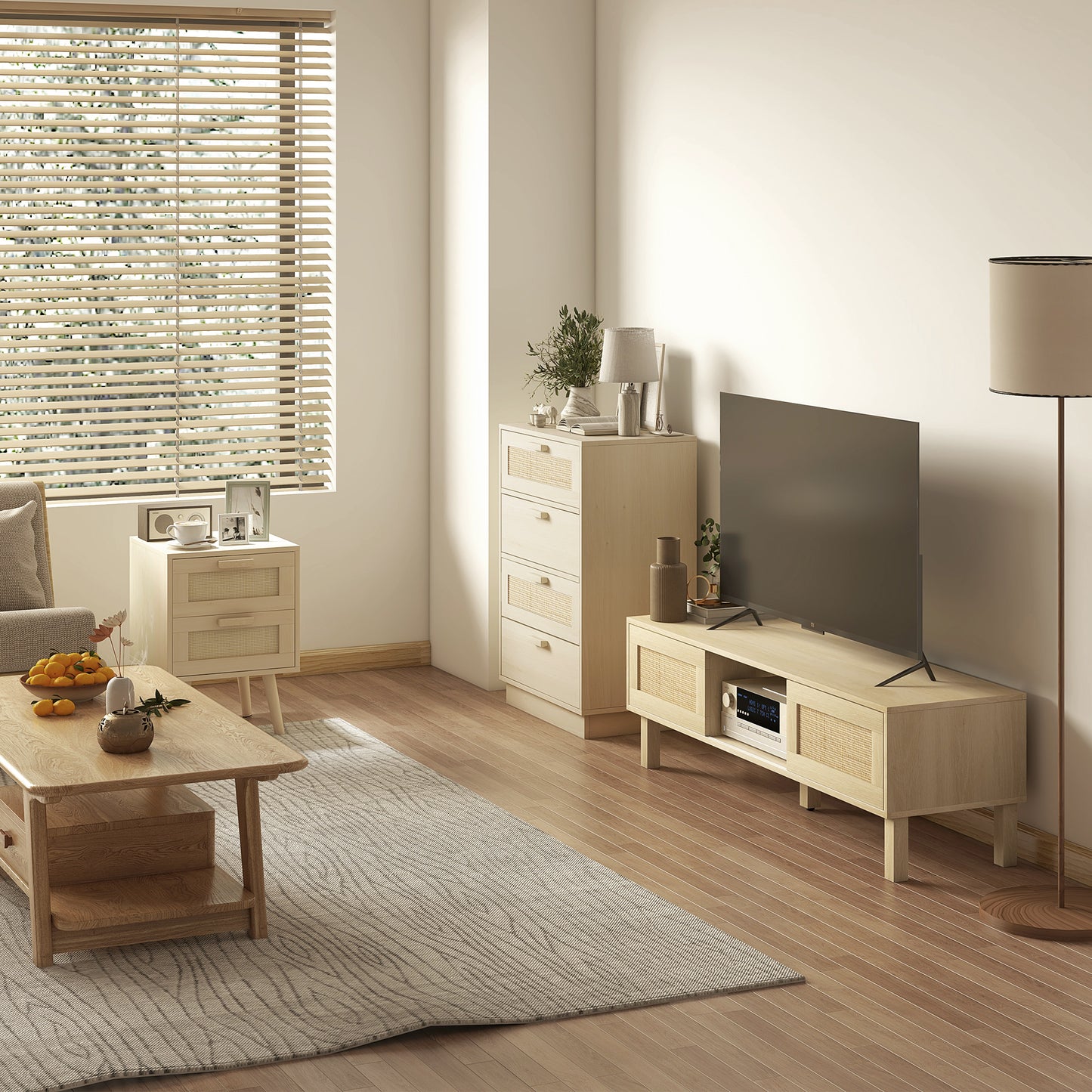 HOMCOM Chest Of Four Drawers With Rattan Weave Panel Accents On Two Drawers In Wood Effect Finish