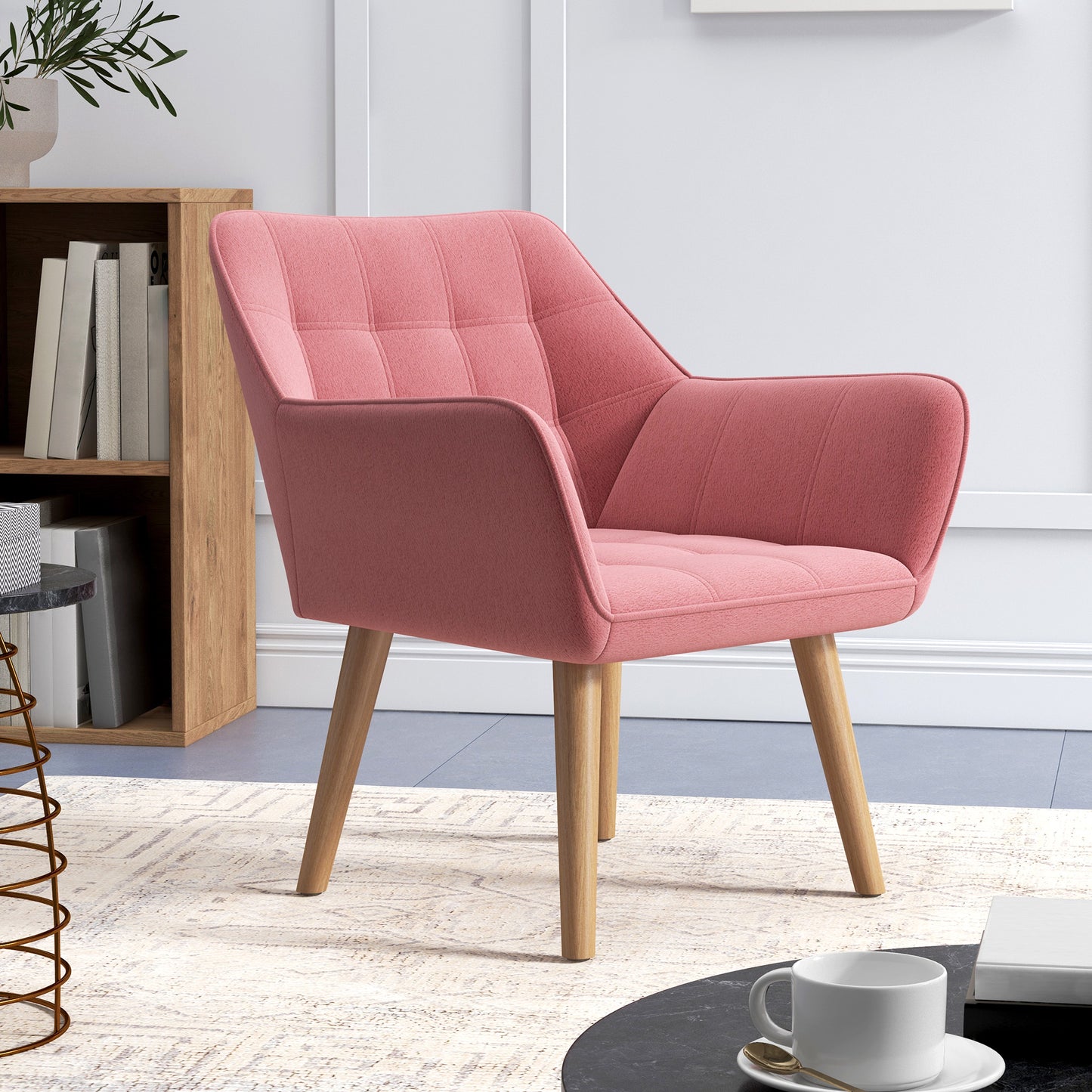 Set Of 2 Accent Arm Chairs With Slanted Back And Thick Padding Rubber Wood Legs In Pink For Living Room