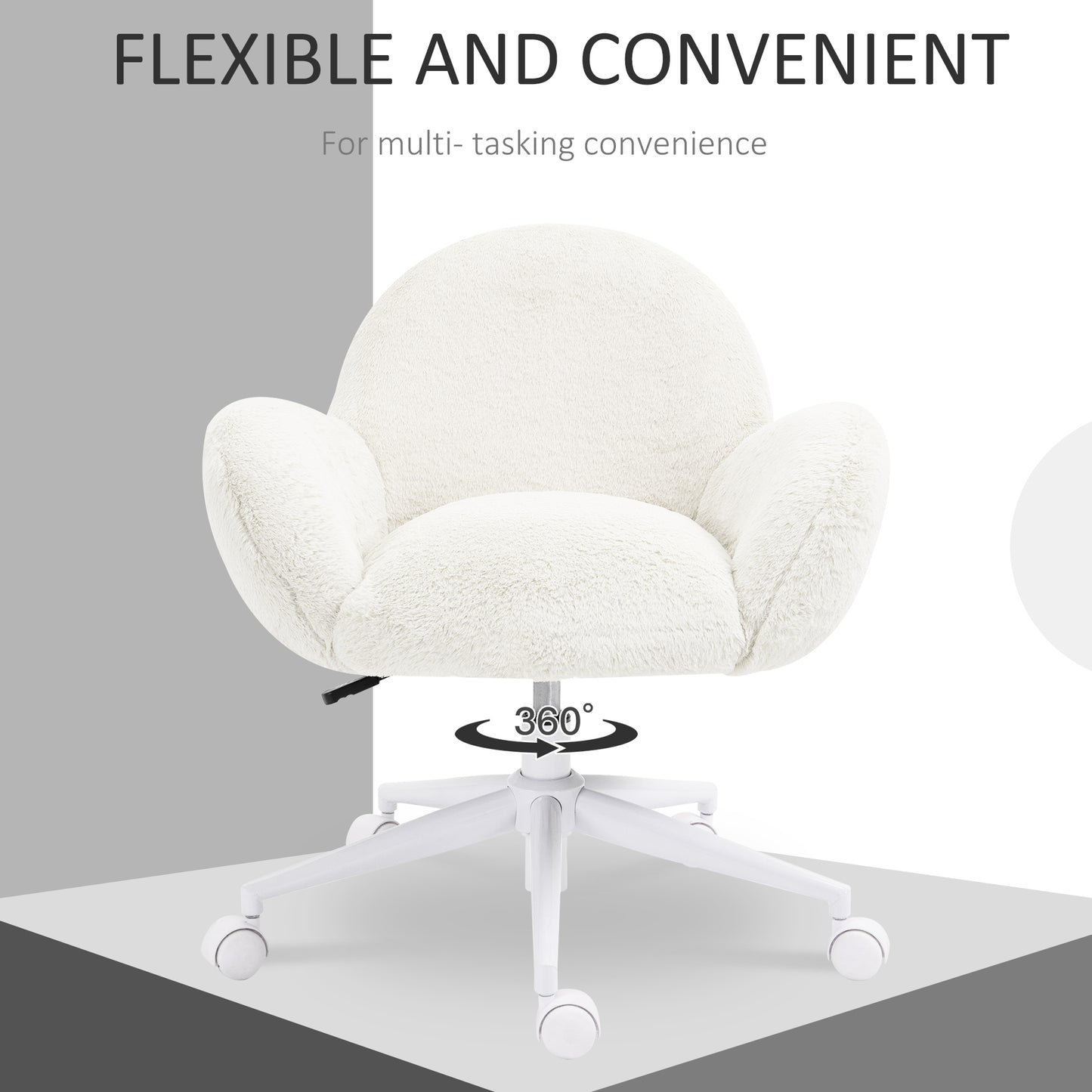 HOMCOM Fluffy Cream White Desk Chair with Rolling Wheels - Makeup Vanity Chair for Home Office and Bedroom - ALL4U RETAILER LTD