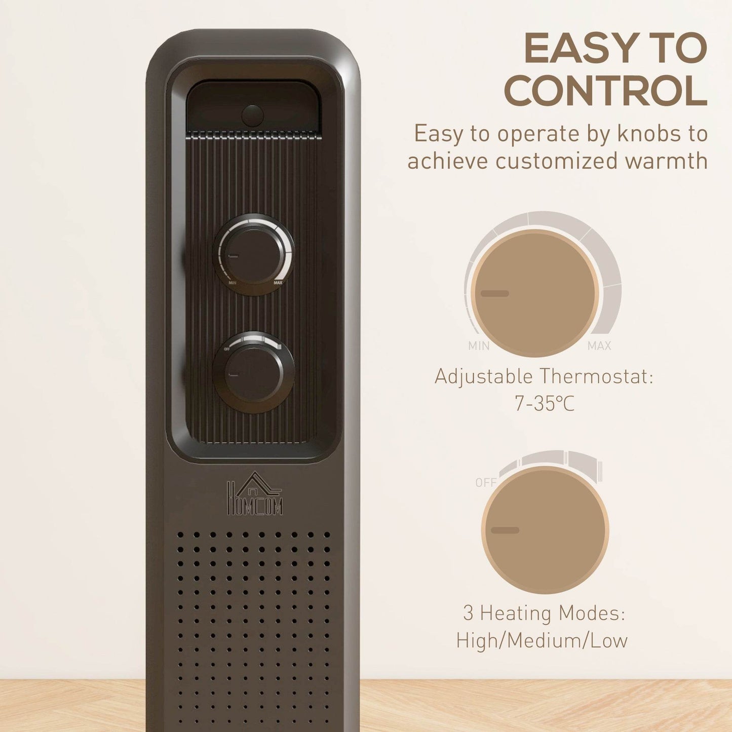 HOMCOM Portable 1500W Oil-Filled Heater with 3 Heat Settings and Safety Features, Grey - ALL4U RETAILER LTD