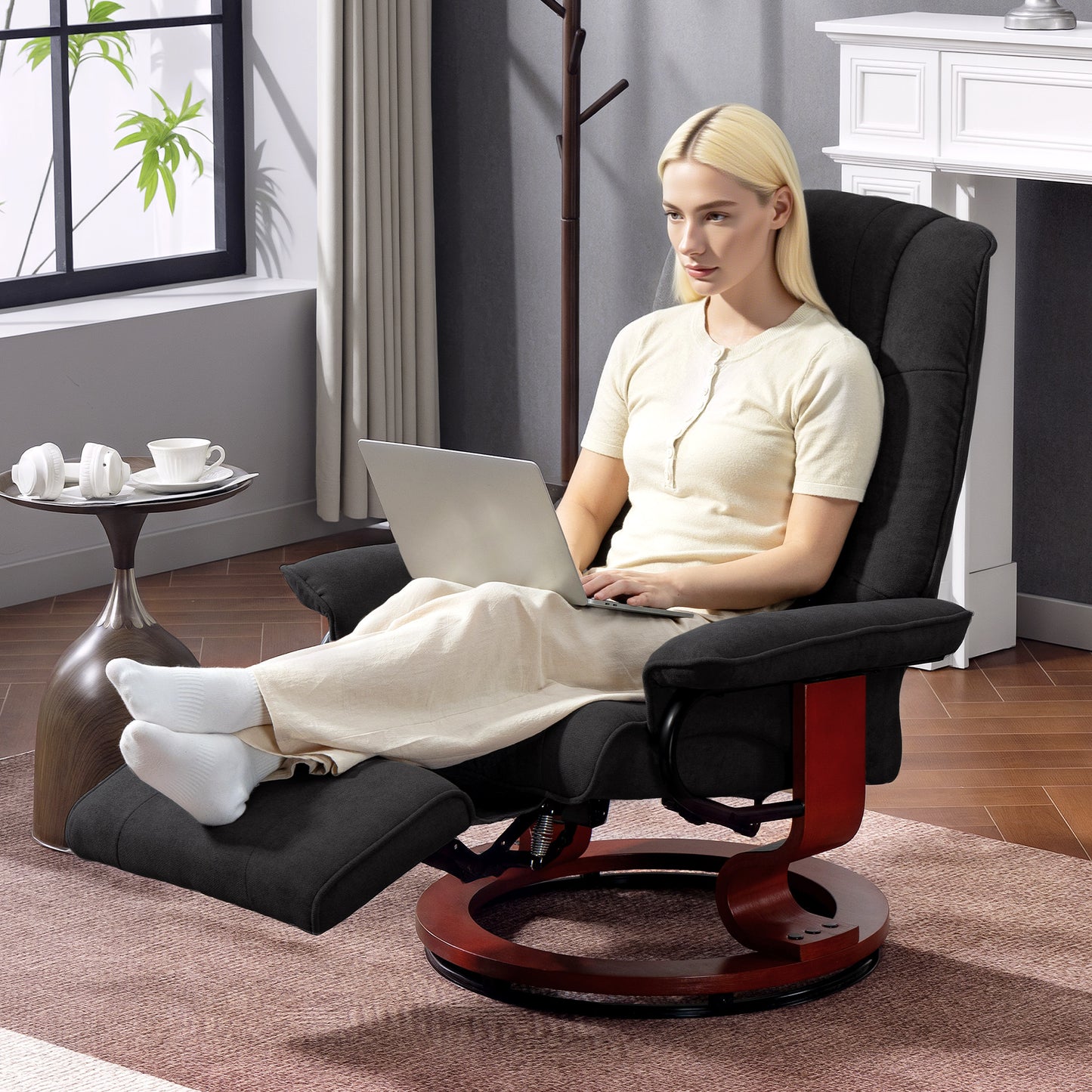 HOMCOM Reclining Swivel Chair With Manual Footrest Black Padded Armchair For Living Room