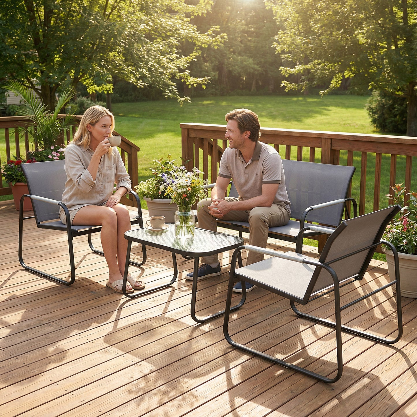 Outsunny 4 Piece Garden Furniture Set With Loveseat And Two Armchairs Grey Tempered Glass Coffee Table For Balcony