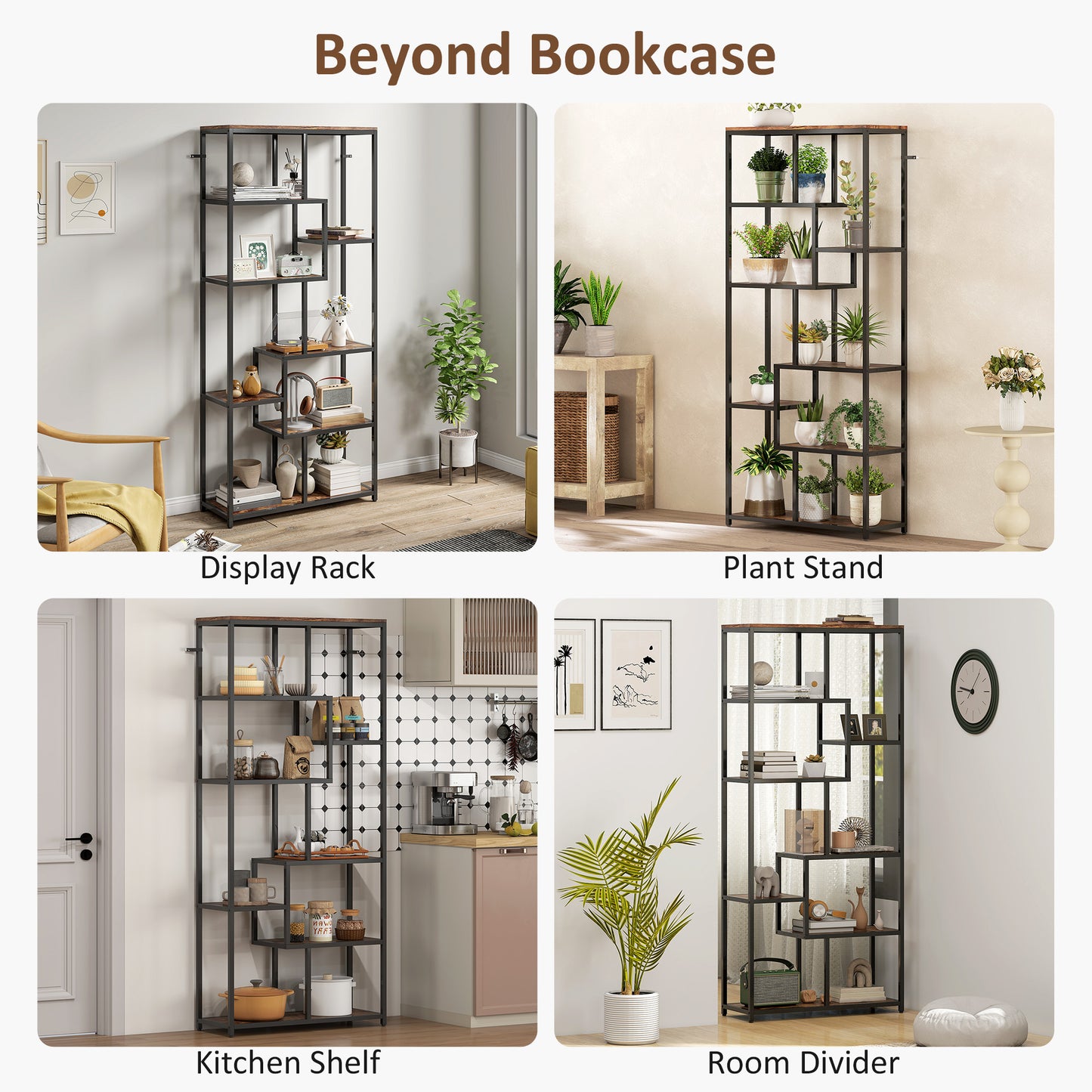 HOMCOM Seven Tier Geometric Bookcase Brown And Black Metal Frame Shelving Unit For Display