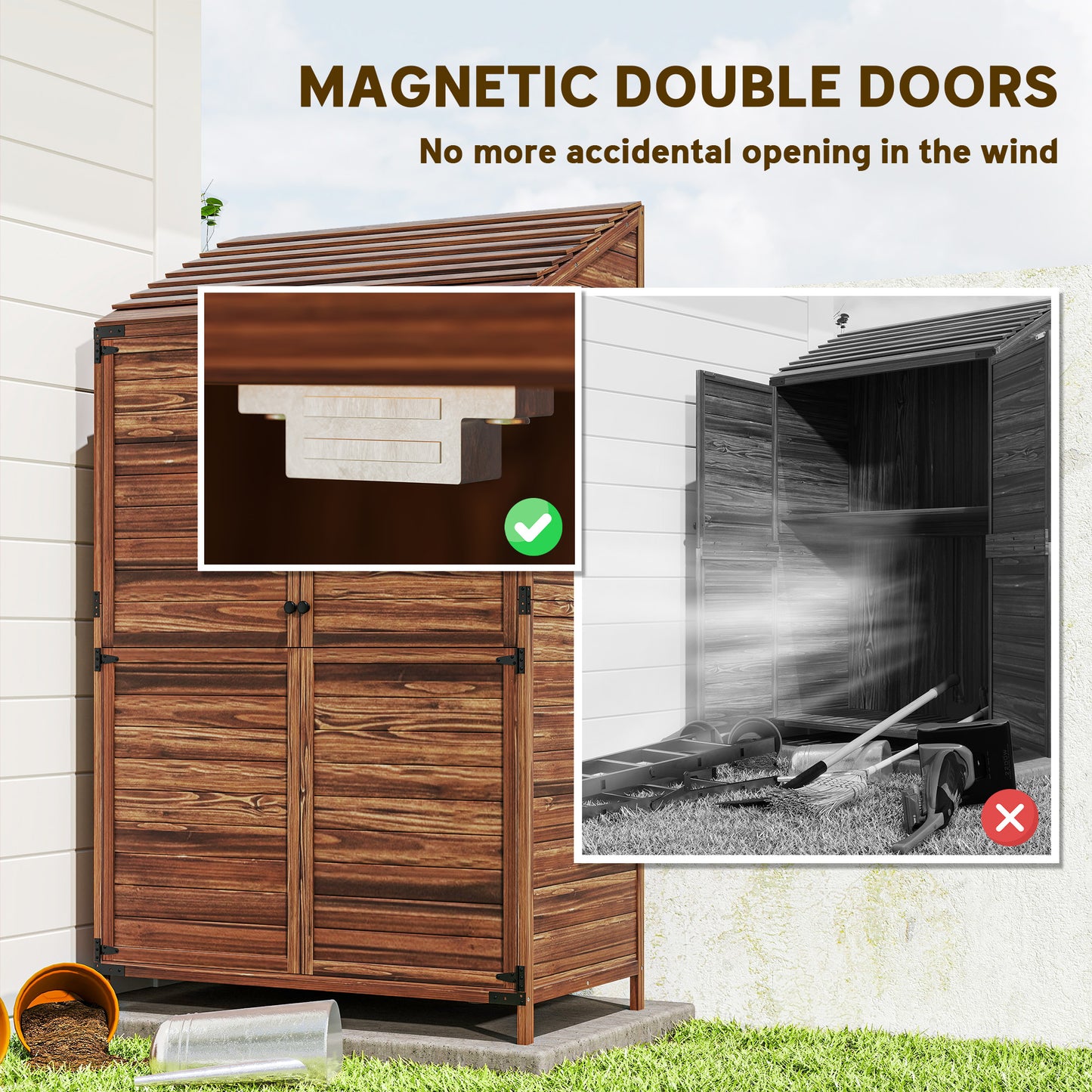 Outsunny 103.5 x 59 Cm Wooden Garden Shed Brown With Slatted Base And Upper And Lower Shelves