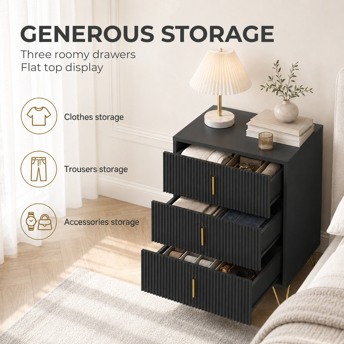 Homcom Modern Fluted 3 Drawer Dresser With Metal Legs For Bedroom Black