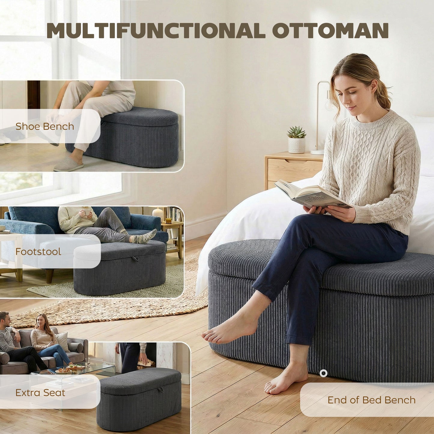 HOMCOM Storage Ottoman Corduroy Upholstered Storage Box With Padded Seat Dark Grey