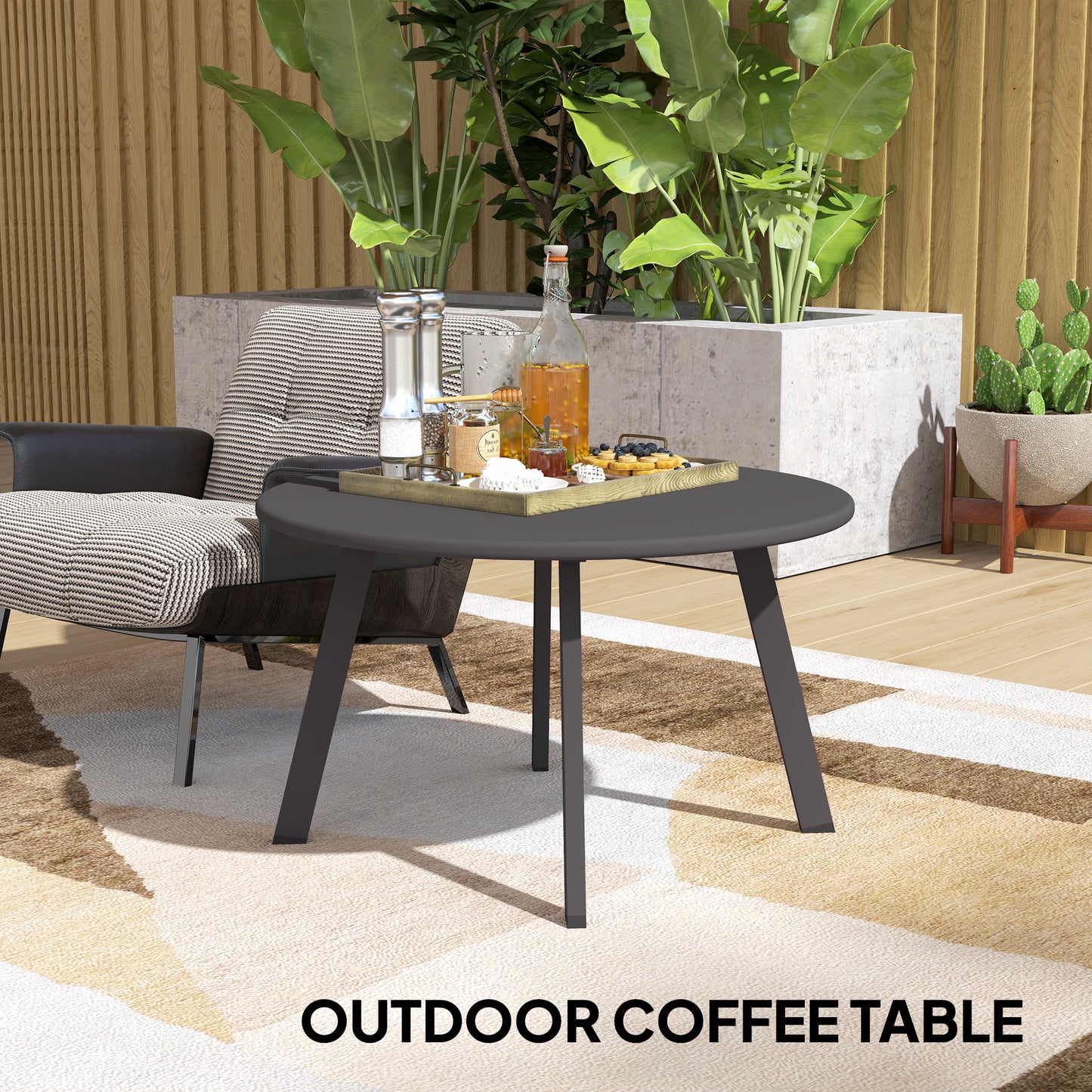 Outsunny 70cm Round Coffee Table Outdoor Garden Patio Black Non Slip Foot Pads Metal Frame