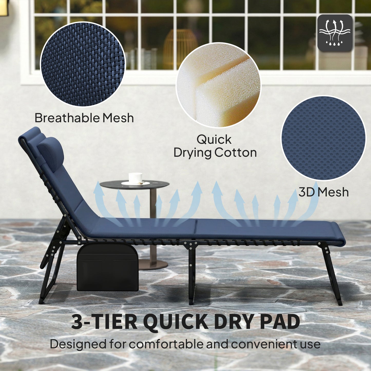 Outsunny Set Of Two Reclining Sun Loungers Dark Blue With Five Level Adjustable Backs And Side Pockets