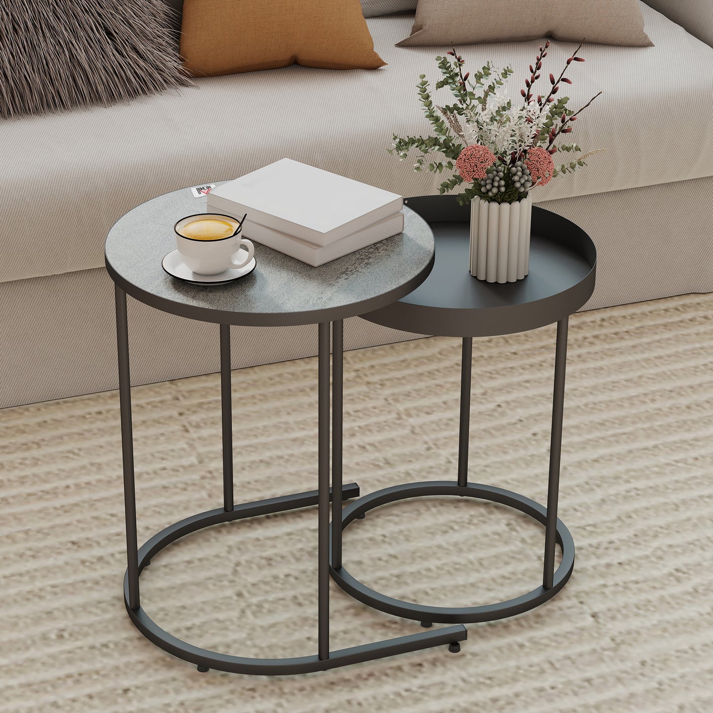 HOMCOM Industrial Nesting Tables Set of Two Grey Finish Small and Large Tables for Space Saving