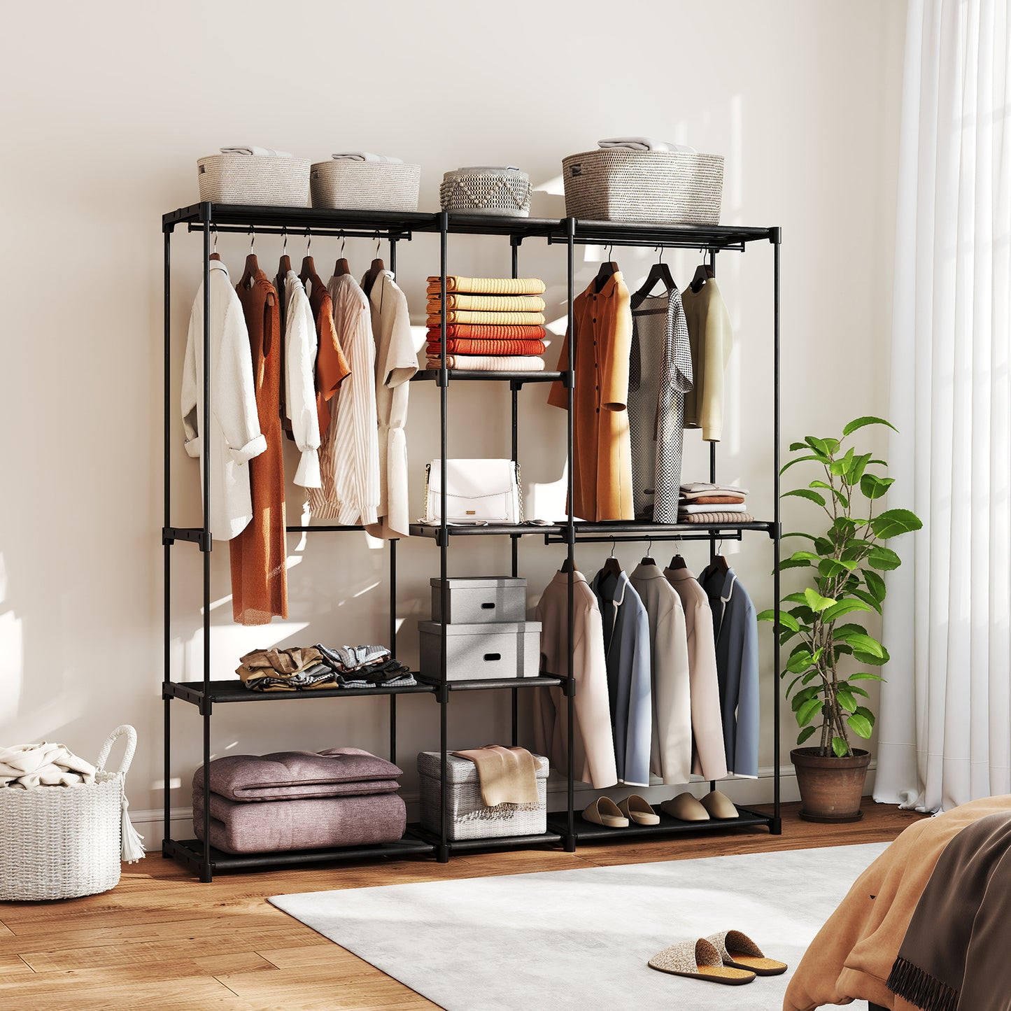 HOMCOM Portable Wardrobe With 8 Shelves And 3 Hanging Rails Open Black Clothes Organizer