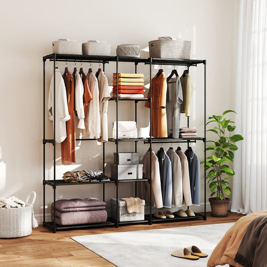 HOMCOM Portable Wardrobe With 8 Shelves And 3 Hanging Rails Open Black Clothes Organizer