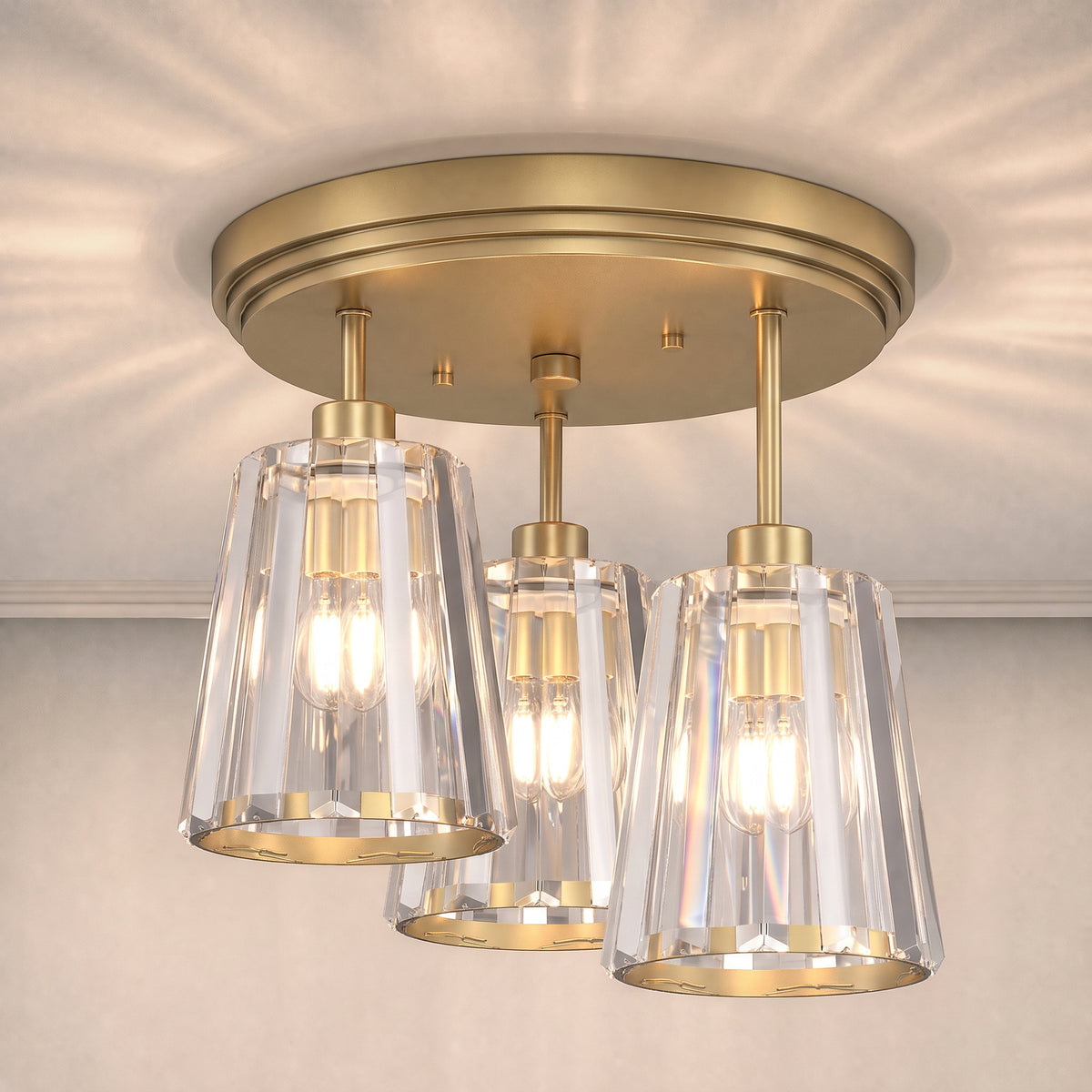 HOMCOM 3 Light Crystal Glass Ceiling Light Gold Triple Head Dual Mount