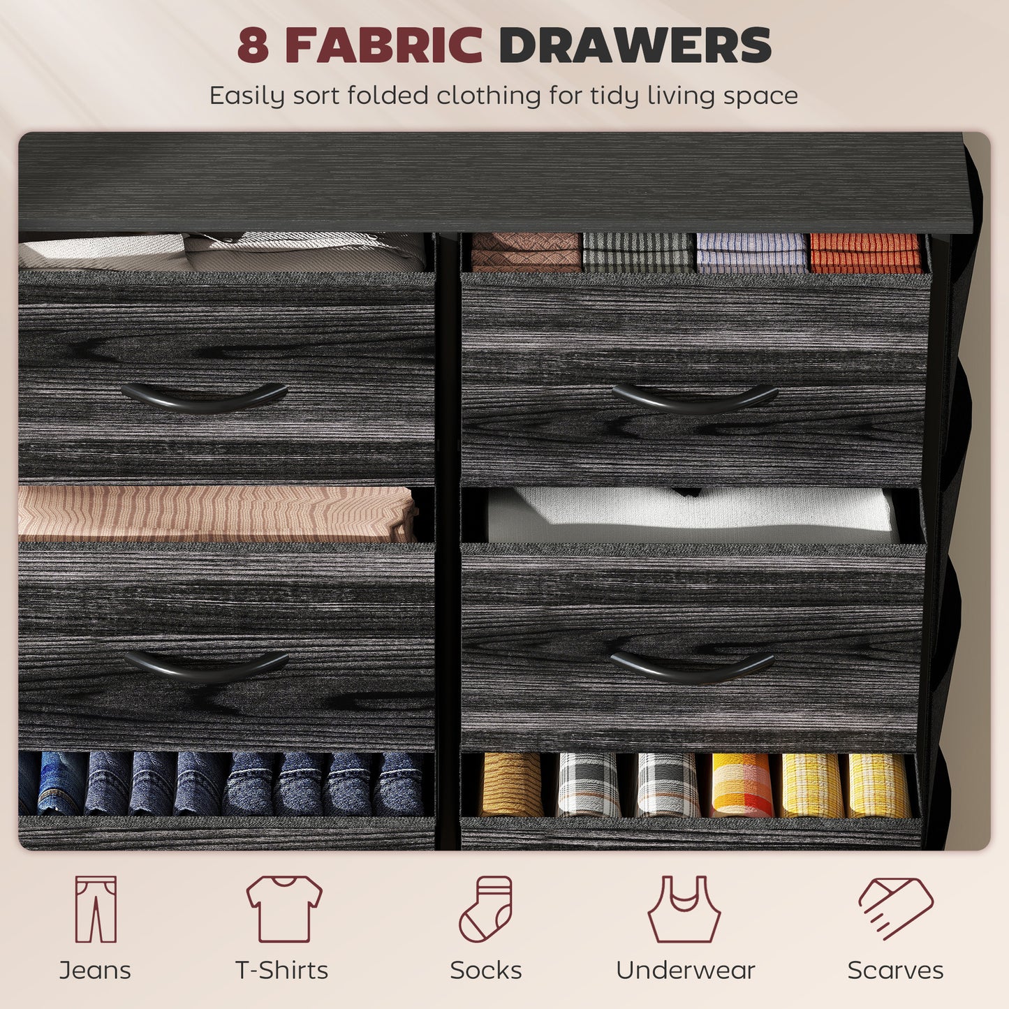 HOMCOM Eight Drawer Fabric Chest Of Drawers In Black With Steel Frame And Side Pockets