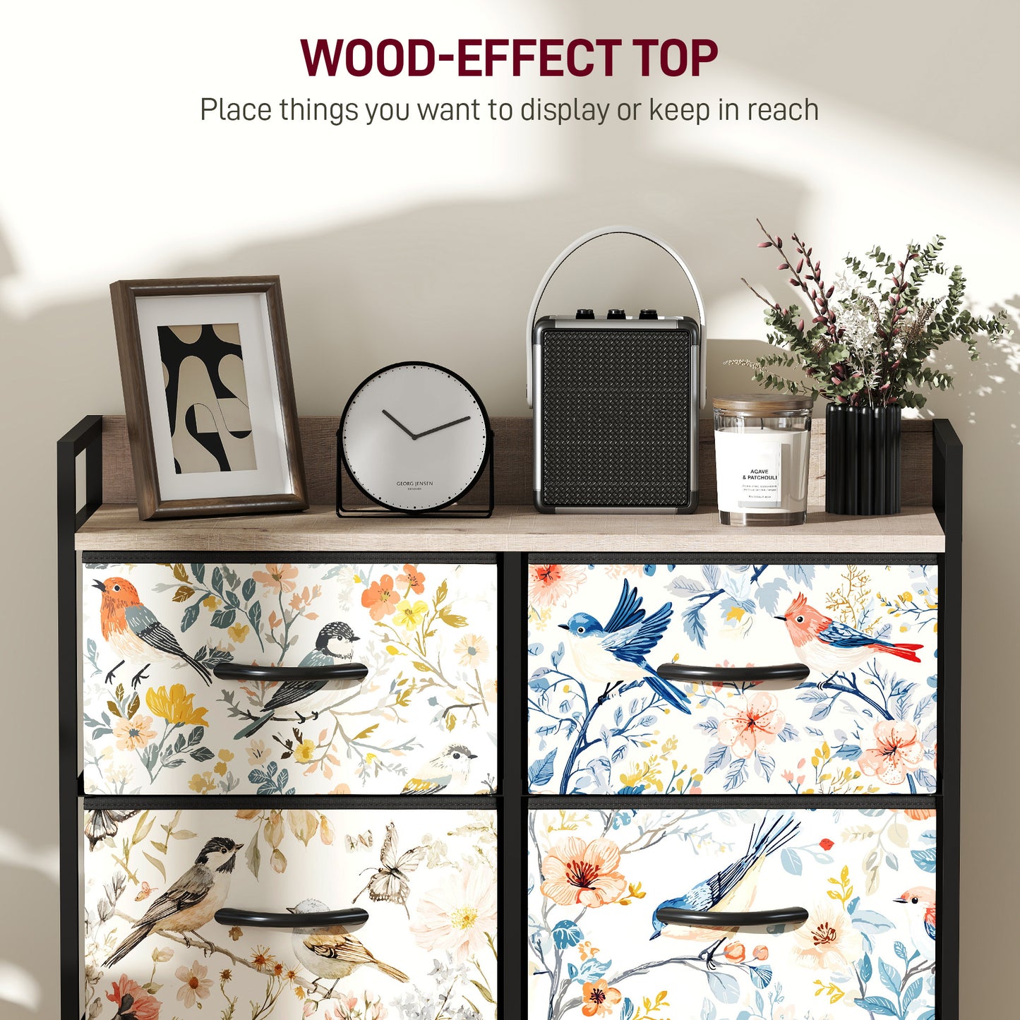 HOMCOM 6 Drawer Fabric Chest of Drawers White with Removable Foldable Drawers and Patterned Panels