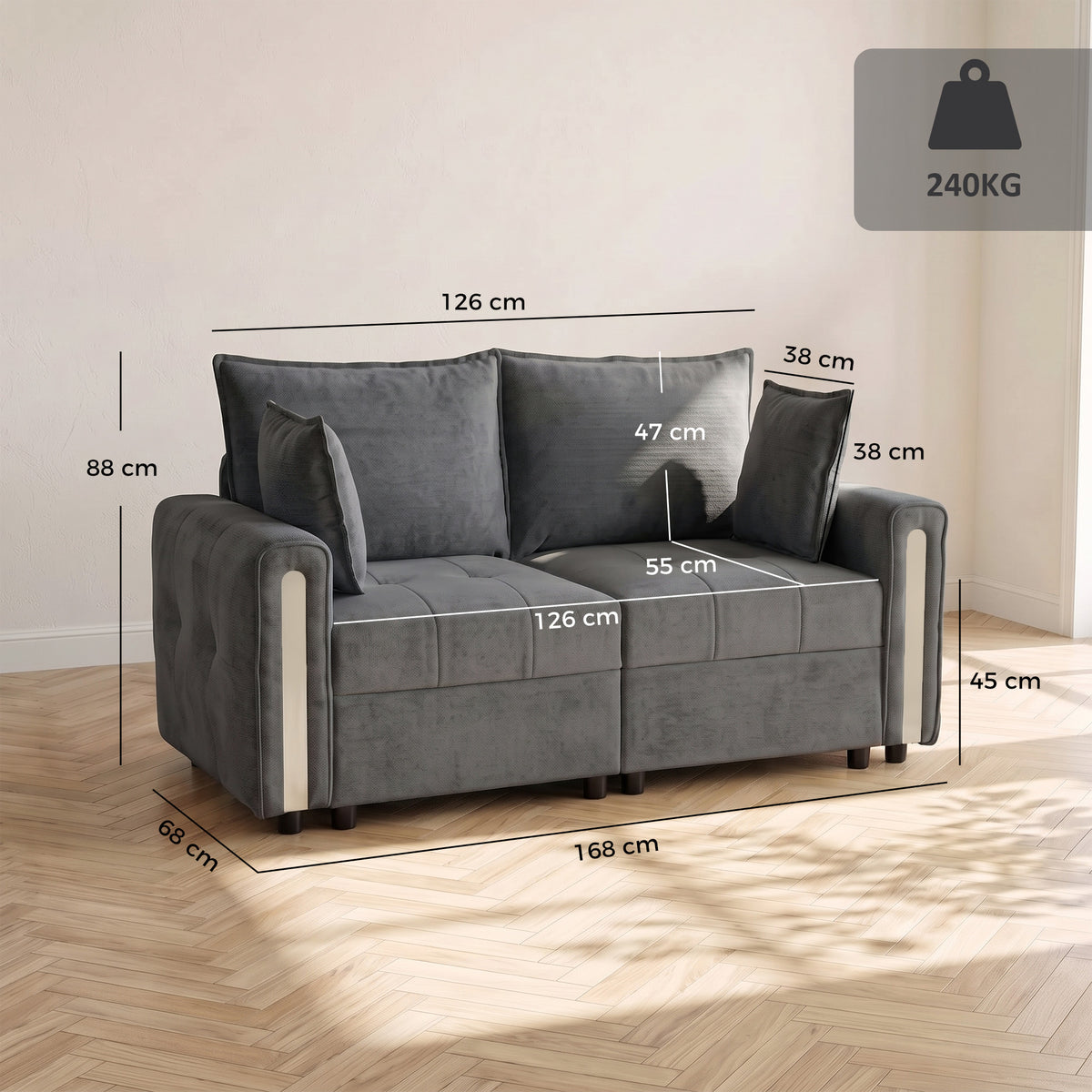 HOMCOM 2 Seater Velvet Loveseat Sofa With Lift Up Storage, Dark Grey