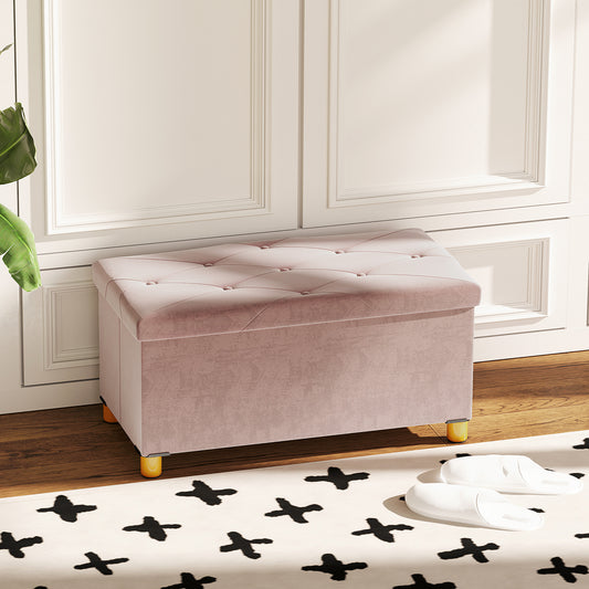 HOMCOM Velvet Upholstered Foldable Storage Ottoman Bench With Wood Legs Pink For Living Room Footrest And Seat