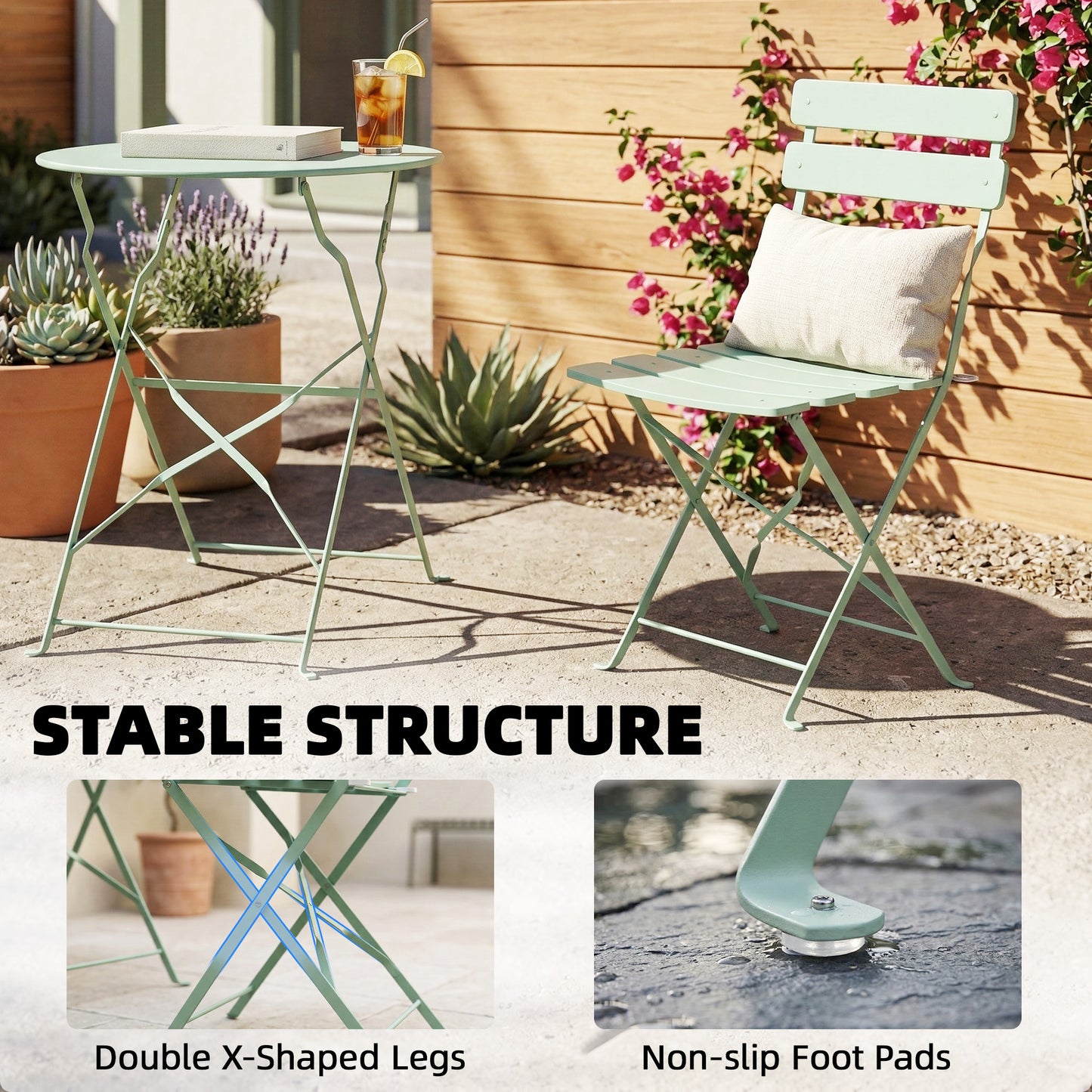 Outsunny Folding Garden Bistro Set For Two With Outdoor Round Table And Chairs Electrophoresis Metal Frame Light Green