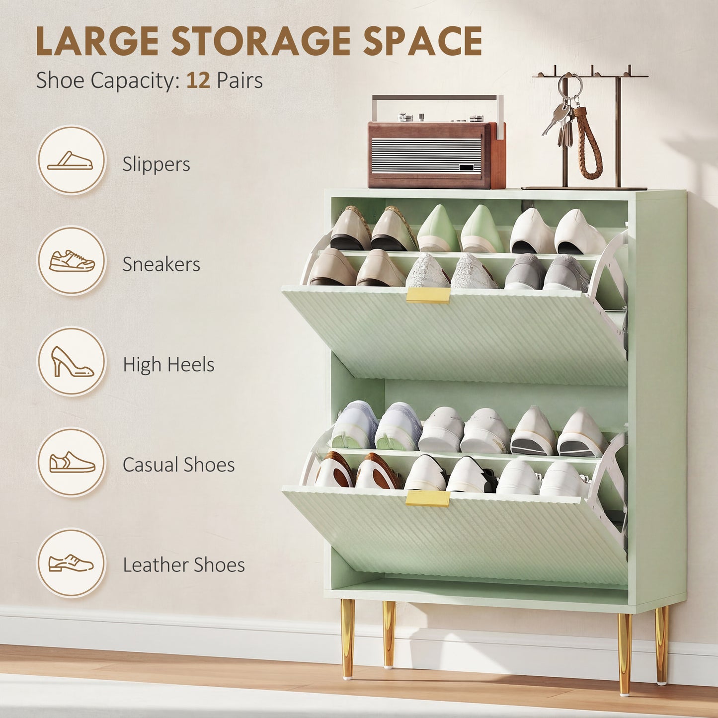 HOMCOM Elegant Two Drawer Shoe Cabinet In Light Green With Ridged Front Doors And Gold Accents Holds 6 to 12 Pairs