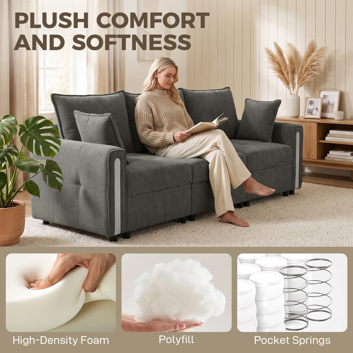 Dark grey velvet 3-seat sofa with thick arms and back cushions, reclining posture