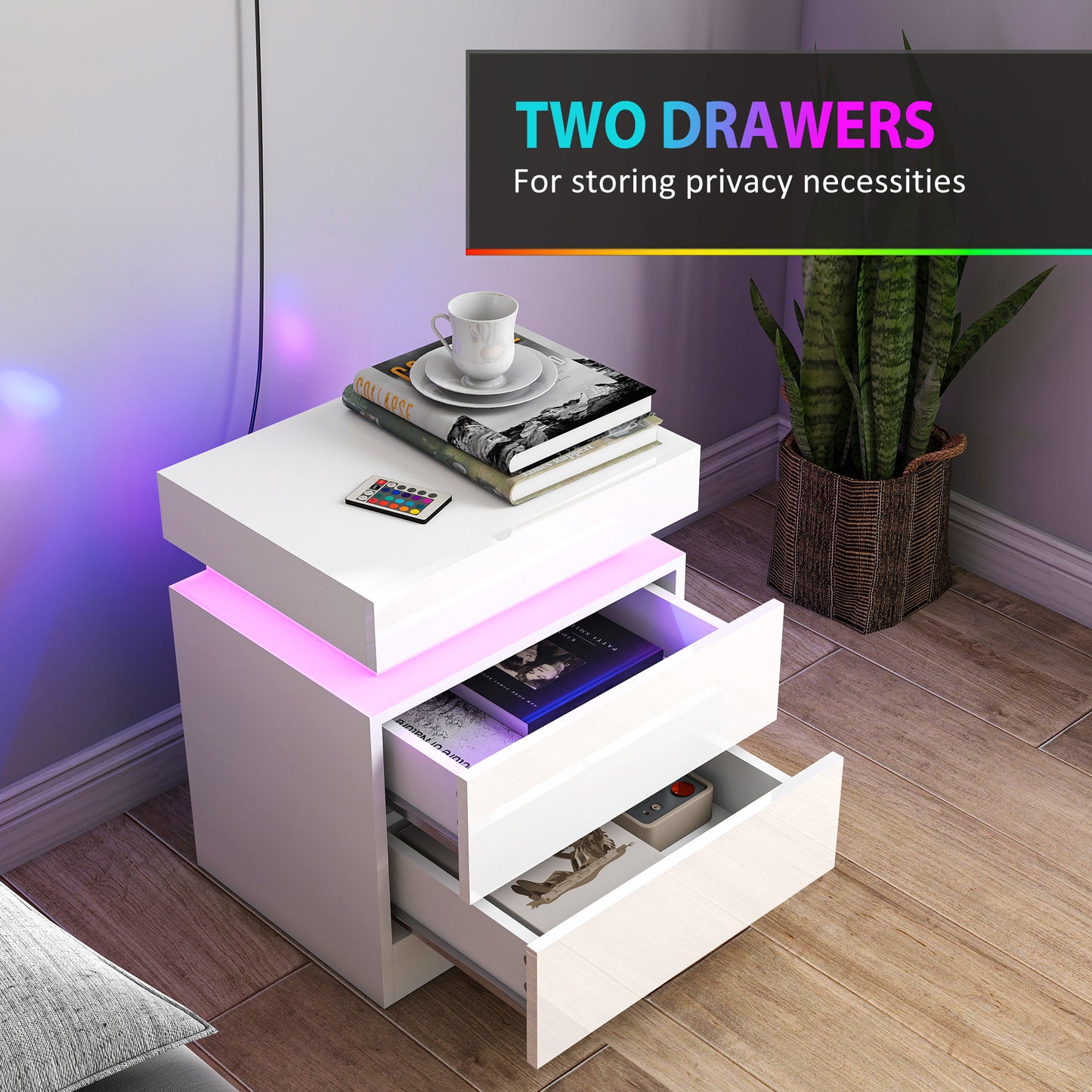 HOMCOM White Bedside Table With LED Light Set Of 2 Nightstand For Bedroom Living Room High Gloss Front And 2 Drawers