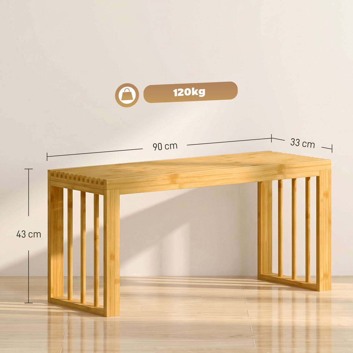 Natural bamboo shoe bench with 90 cm top, open slat frame, and 33 cm side view