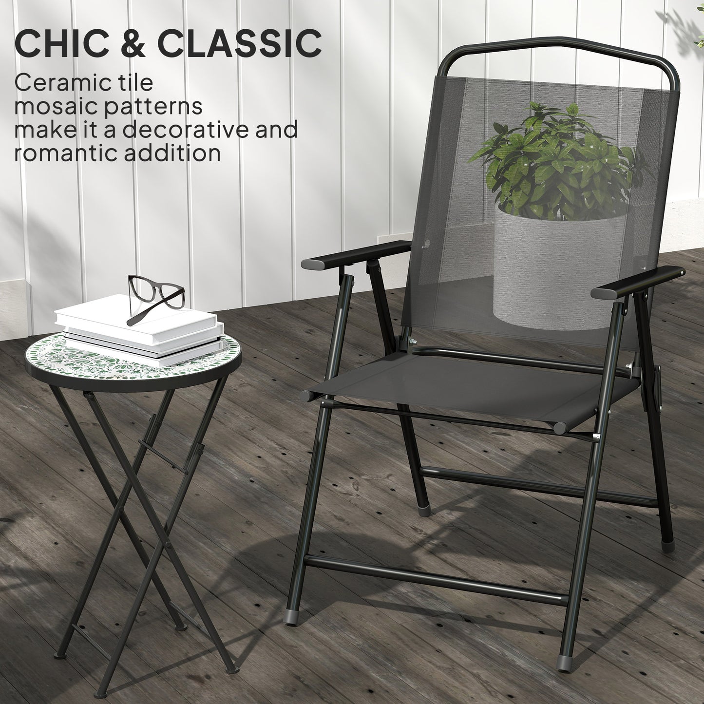 Outsunny Mosaic Outdoor Garden Table Round Folding Coffee Table 35.5cm With Metal Frame For Balcony Terrace Green
