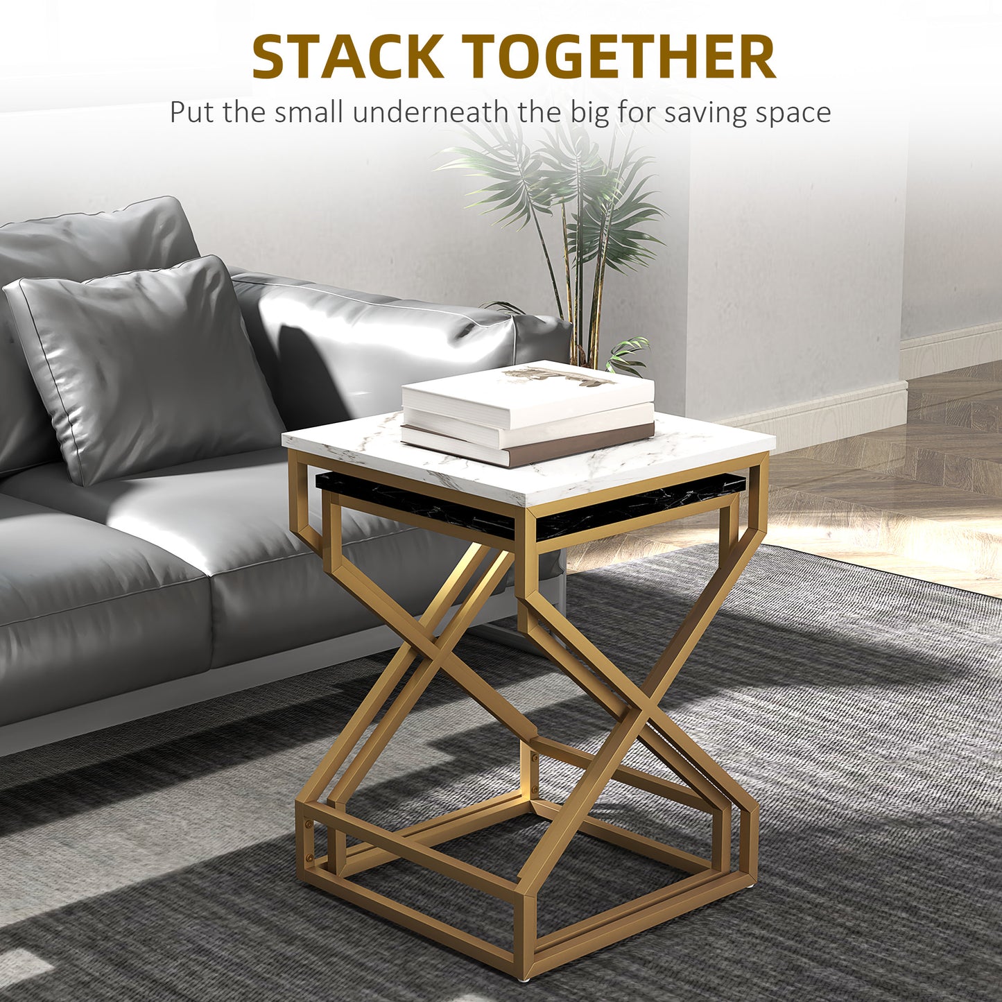 HOMCOM Marble Effect Nesting Tables Set Of Two With Gold Steel Legs For Space Saving