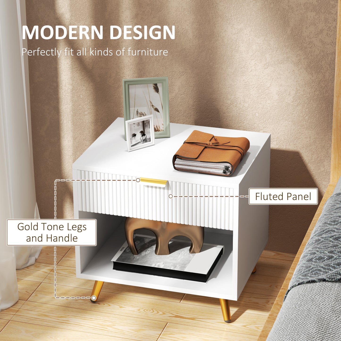 HOMCOM Bedside Tables Set of 2 White With Drawer and Open Compartment Nightstands for Bedroom and Living Room